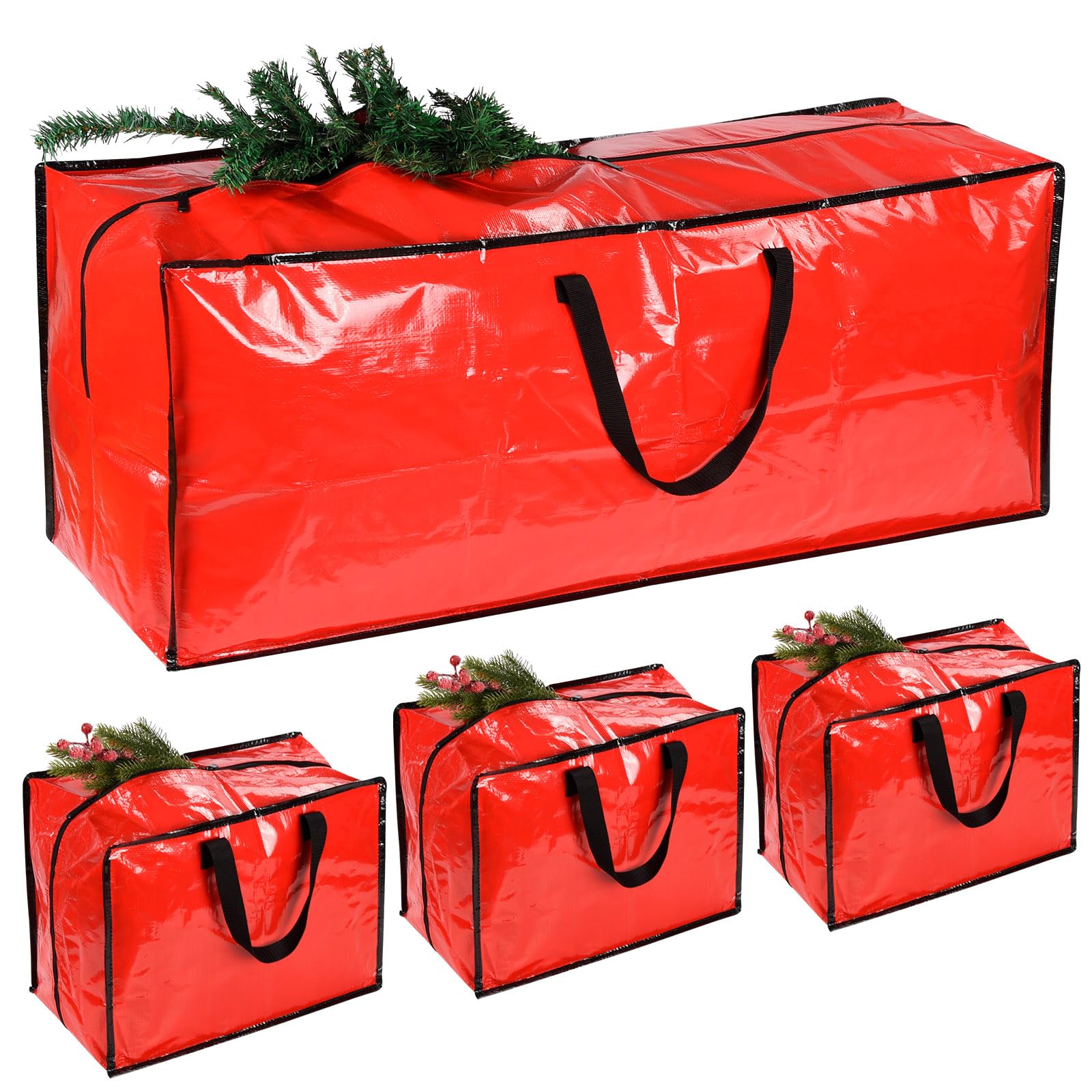 4 Pack Extra Large Christmas Tree Storage Bag with 3 Christmas Decoration Bags for Christmas Trees, Baubles, Xmas Tree Storage Box Easy to Carry, Waterproof Storage Bags (Red)