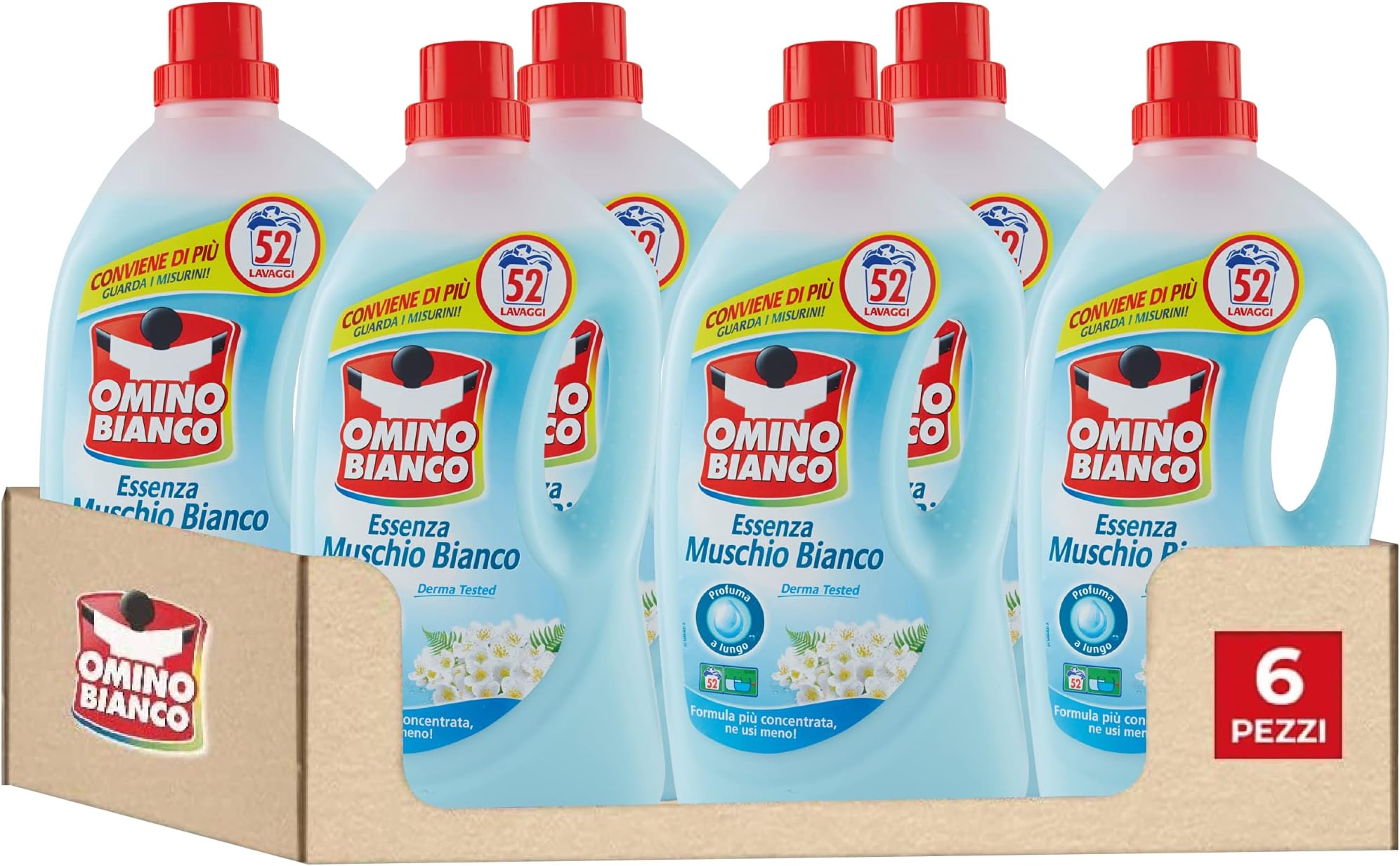 Omino Bianco - Liquid Washing Machine, 312 Washes, Respects Colours and Fabrics, Fresh Scent with White Musk Essence, 2600 ml x 6 Packs
