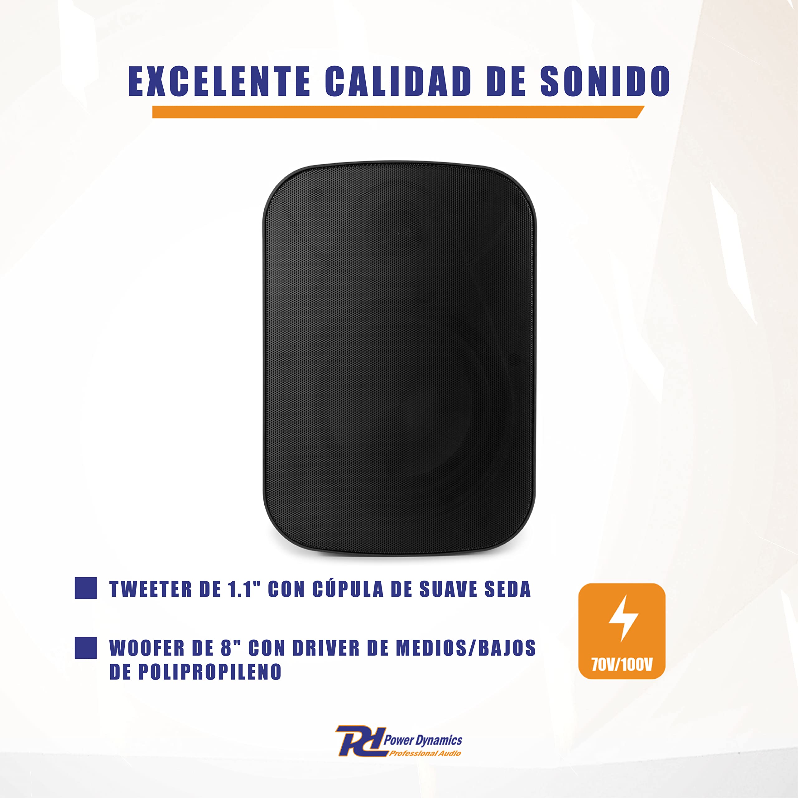 Power Dynamics BD80TB Altavoz para Interior/Exterior, woofer de 8", 70v/100v o 8 Ohmios, ABS con protección UV, Potente, Montaje Horizontal o Vertical, Ideal para terrazas, Jardines, etc, Color Negro
