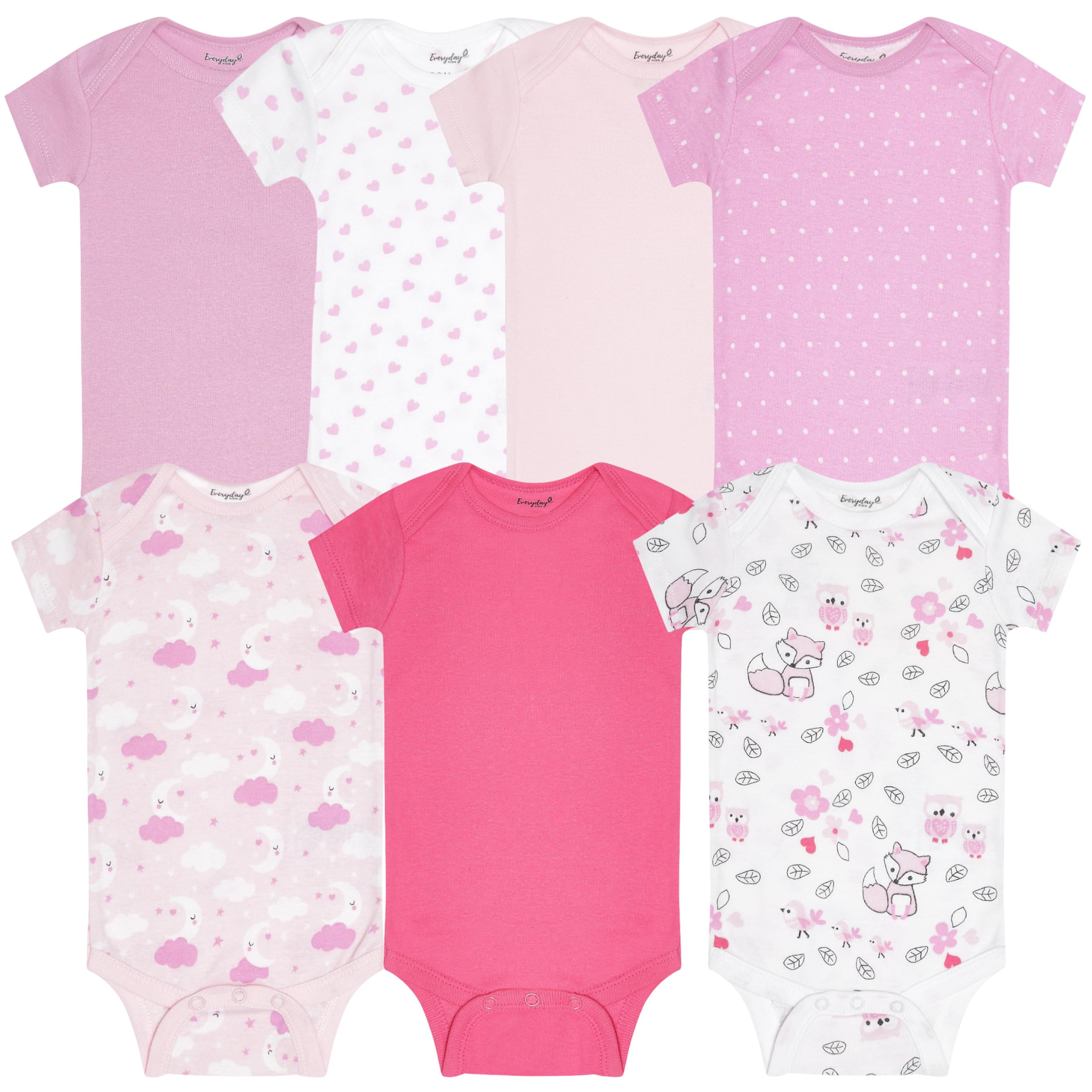 EVERYDAY KIDS 7 Pack Baby Bodysuits for Girls; 100% Soft Cotton Baby Girl Bodysuit; 3 Sturdy Snaps for Diapering