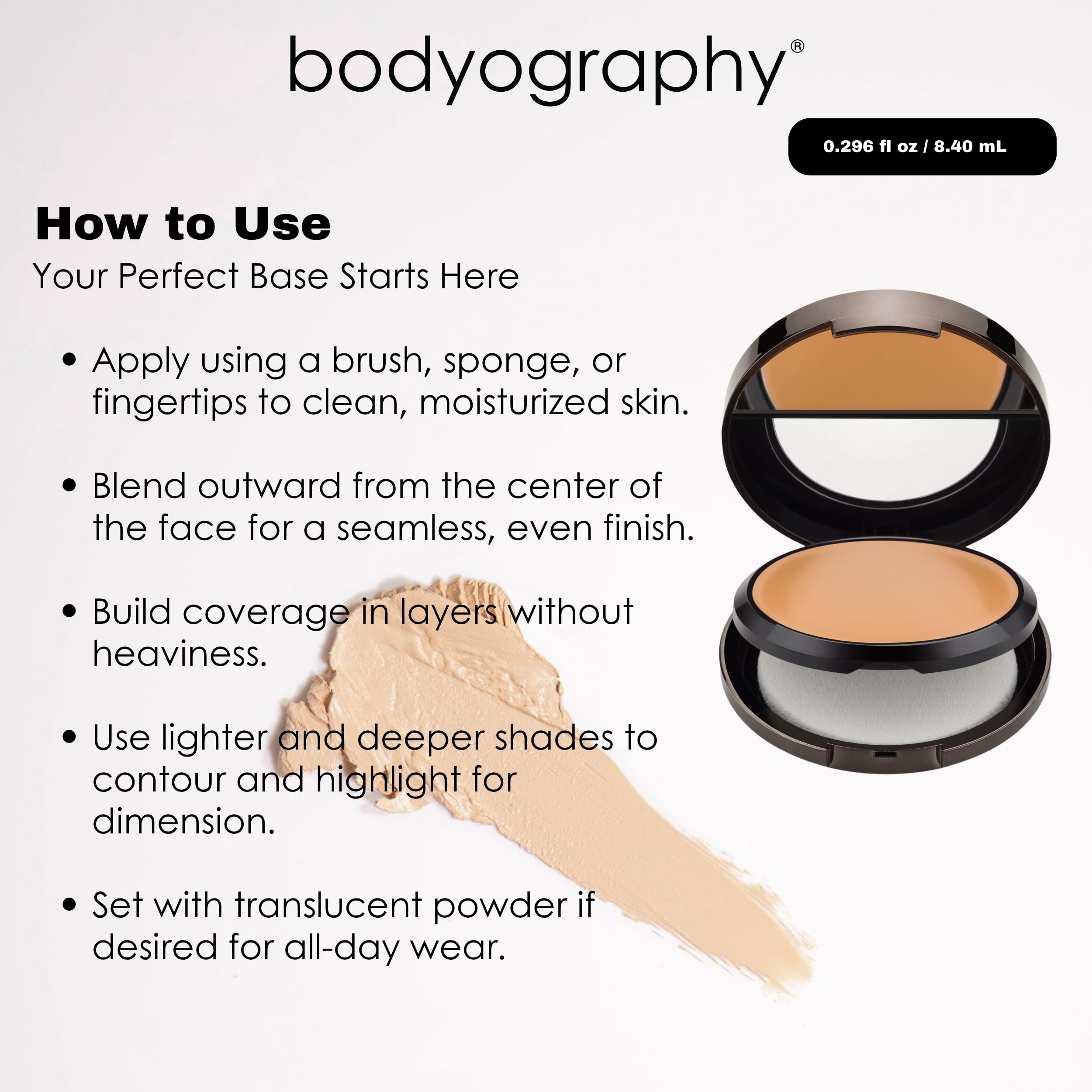 Bodyography Professional Cosmetics Silk Cream Compact Foundation Nr. 02 Inhalt: 8,4ml Compact Make-Up Cream für perfektes Aussehen. Foundation Make Up