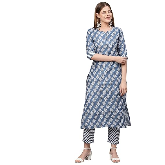 ANNI DESIGNER Women's Cotton Blend Printed Straight Kurta with Pant (Funnu New01)