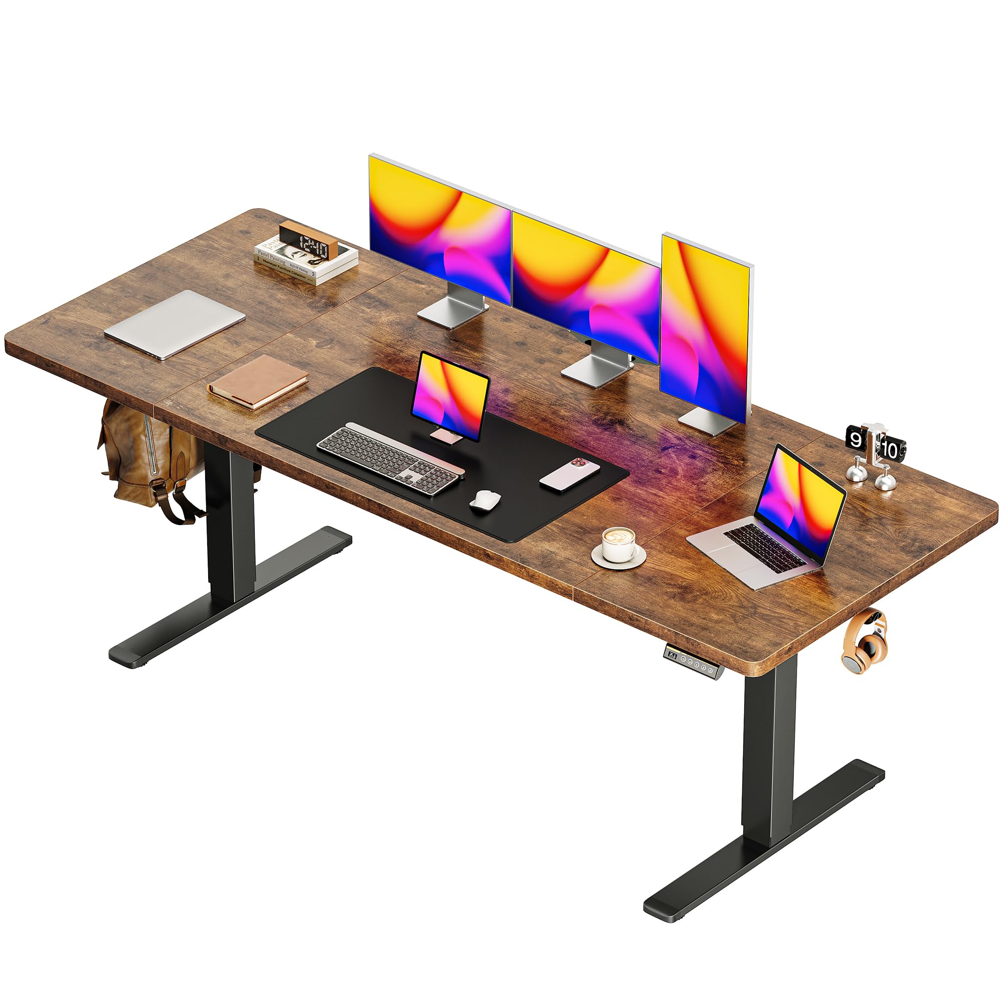 Photo 1 of ***MISSING ASSEMBLY PIECES*** Huuger 71 x 30 Large Electric Standing Desk, Height Adjustable Computer Desk, 29.5" Deep Desktop, Stand up Gaming Office Table with 2 Hooks, 3 Preset Heights, for Home Office, Rustic Brown
