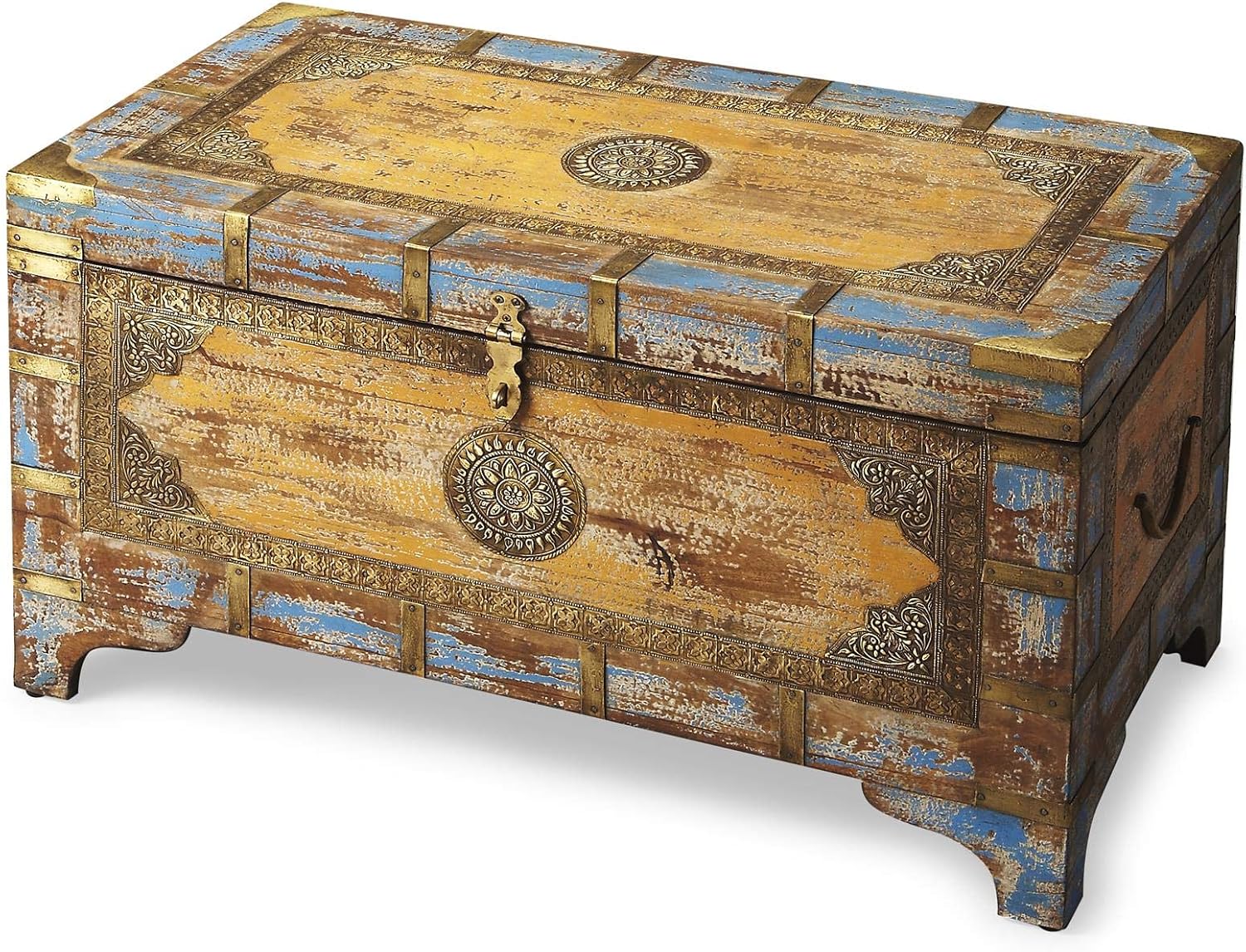 Butler Nador Painted Brass Inlay Steamer Trunk – Large Decorative Storage Chest & Wood Trunk | Vintage Hand Painted Storage Trunk with Brass Inlay & Hinged Lid