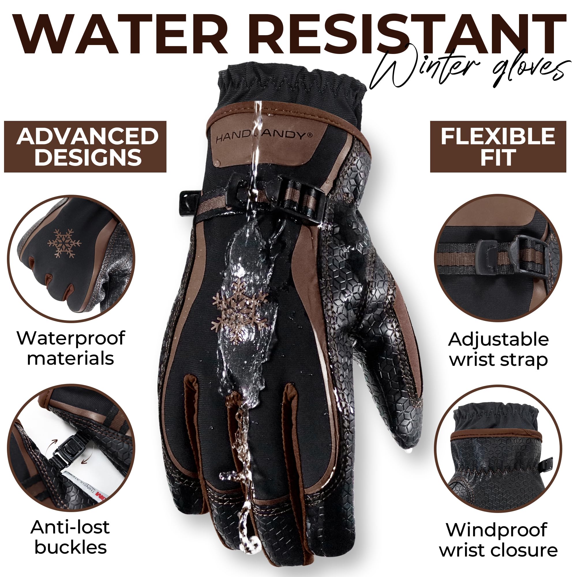 HANDLANDY Isolierte Winterhandschuhe für Herren und Damen, wasserdicht, 3M Thinsulate Touchscreen Outdoor Arbeit Schnee Ski Handschuhe