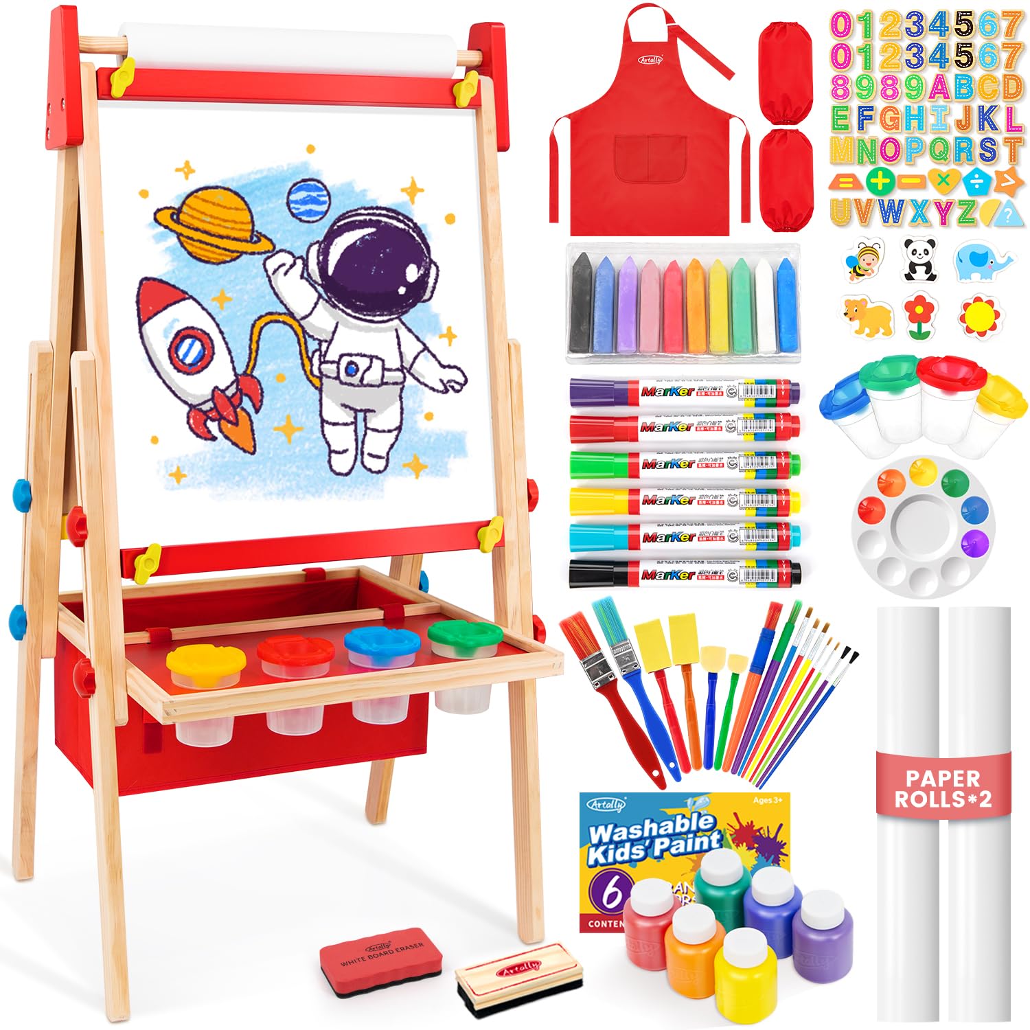 Art Easel for Kids Easel, Adjustable Wooden Kids Drawing Easel with Magnetic Whiteboard & Chalkboard, Kids Dry Erase Board,Easel for Kids Ages 3 4-8 9-12, Red w/Bag