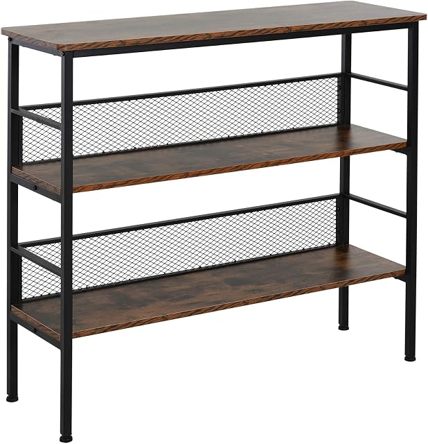 HOMCOM 3-Tier Industrial Style Storage Display Shelf Metal Frame Adjustable Feet Back Panels Smooth Surface Home Office Stylish Black Brown