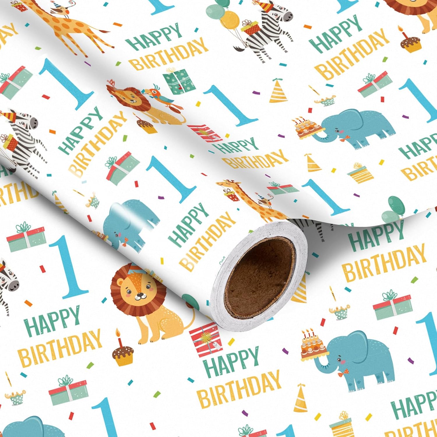 LeZakaa 1st Birthday Wrapping Paper Roll - Blue Happy Birthday with Cute Animal Design for Age1 Baby Boy, Party, Baby Shower - Mini Roll - 17 inches x 16.4 Feet (23.2 sq.ft.)