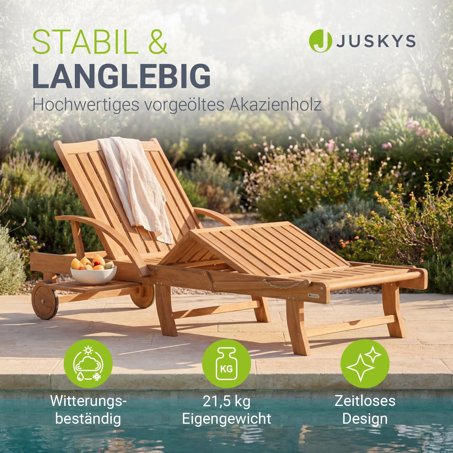 Juskys® Sonnenliege SunScape - Natur, Akazie mit verstellbarem Tisch & Beinablage, Stabil & Langlebig, 196x73x30 cm