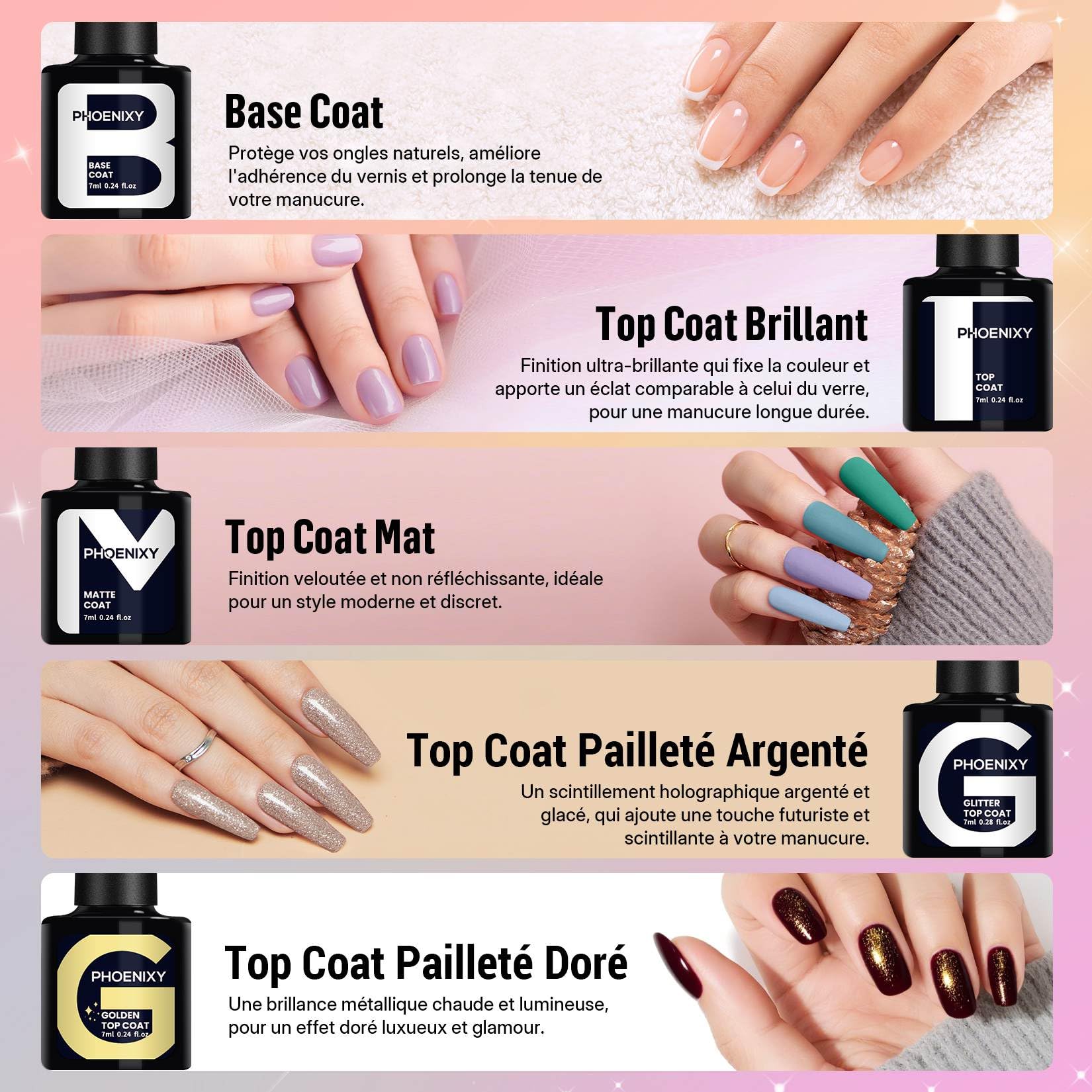 Phoenixy Kit Vernis Semi Permanent 25 Couleurs avec Lampe UV Base et Top Coat Kit Ongle Gel UV Complet Rouge Rose Vernis Semi Permanent Cadeaux pour Femmes