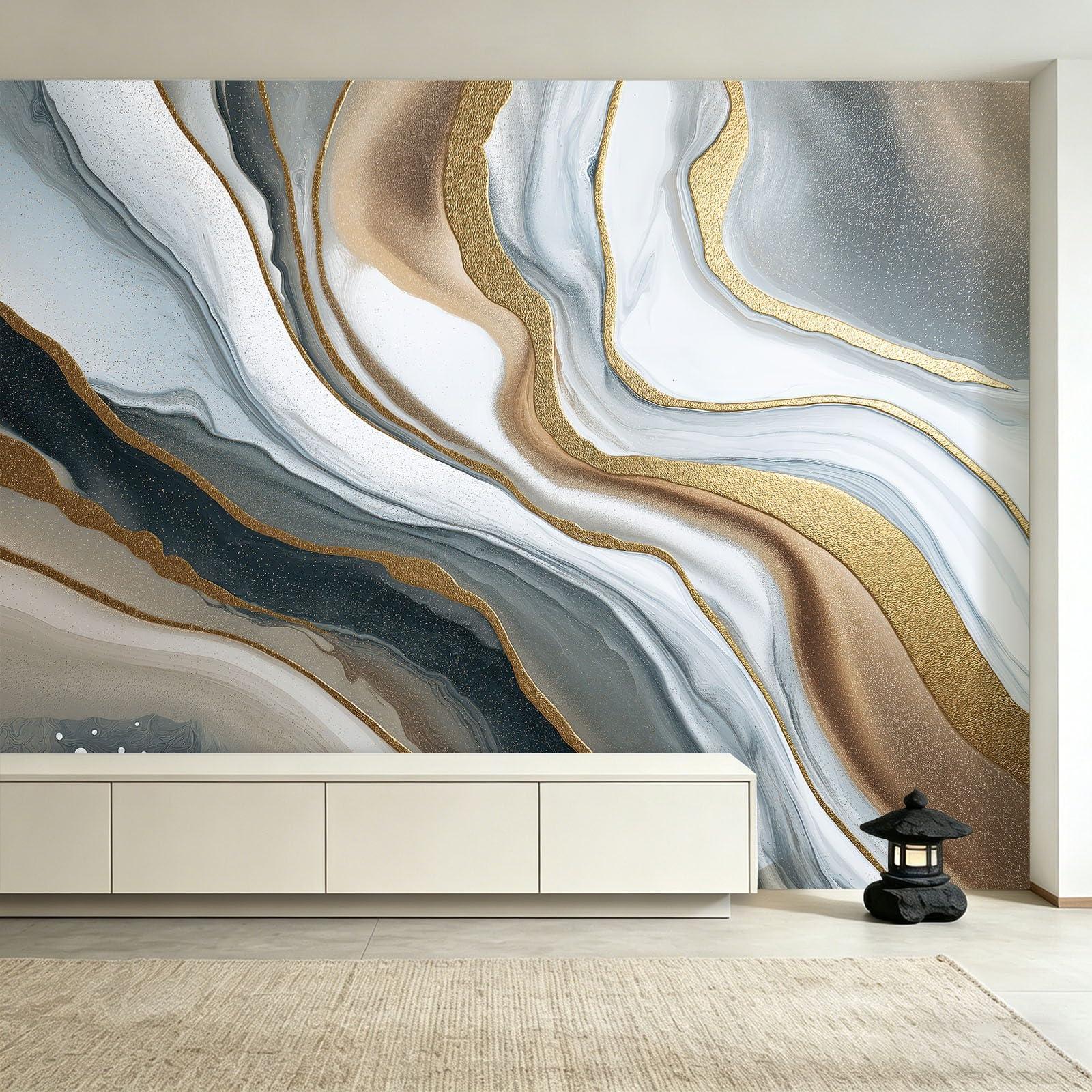 Carta da parati panoramica in tessuto non tessuto astratto, moderna, 350 x 256 cm, decorazione per soggiorno e camera da letto, effetto 3D, effetto marmo, sabbie pieghevoli, ondulate sfumate