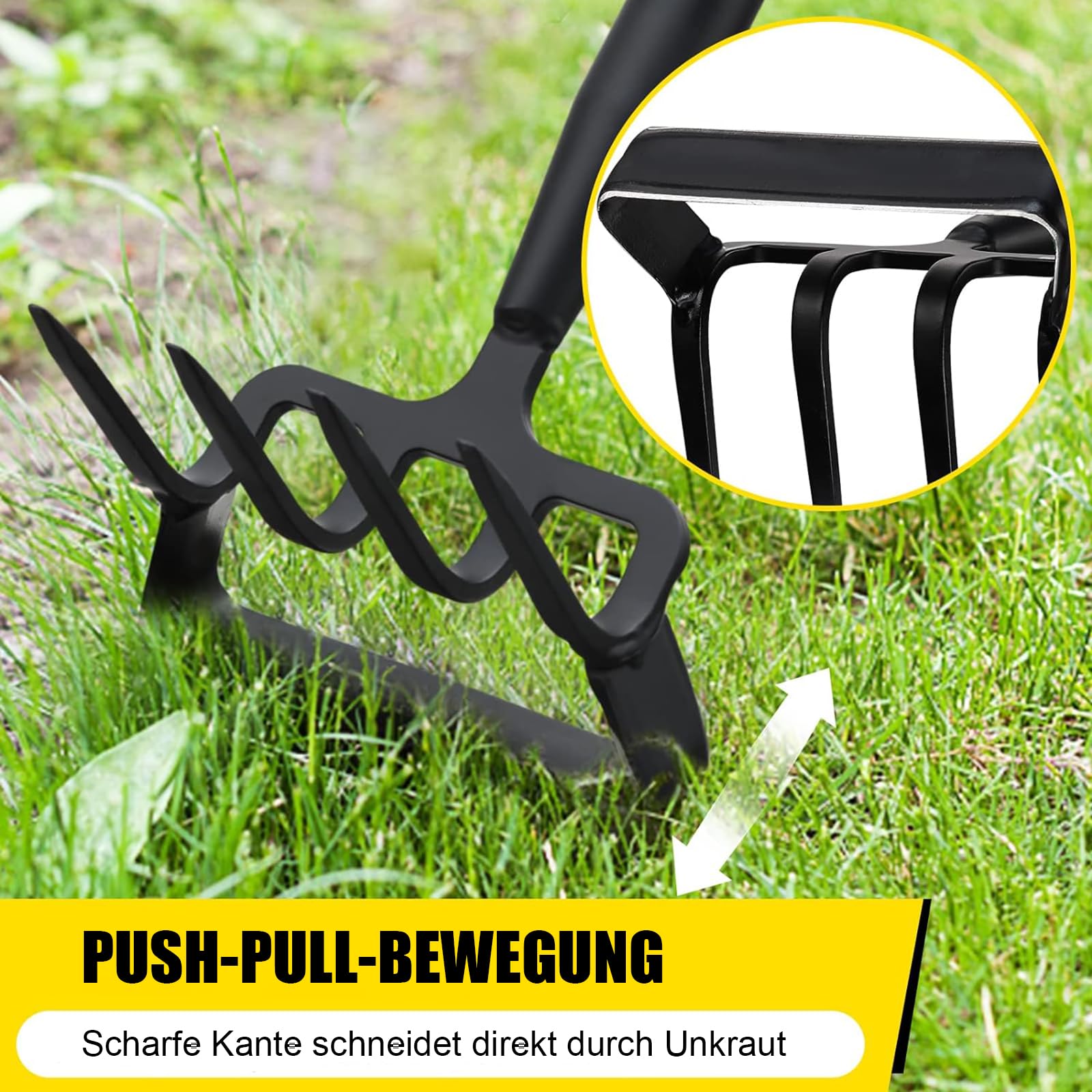 Houe de Jardin avec Râteau, Houe à étrier et râteau à pointes 4 dents 2 en 1, 94-167cm Adjustable length inoxydable Serfouette Binette Trident de Jardin pour désherber, meubler le sol