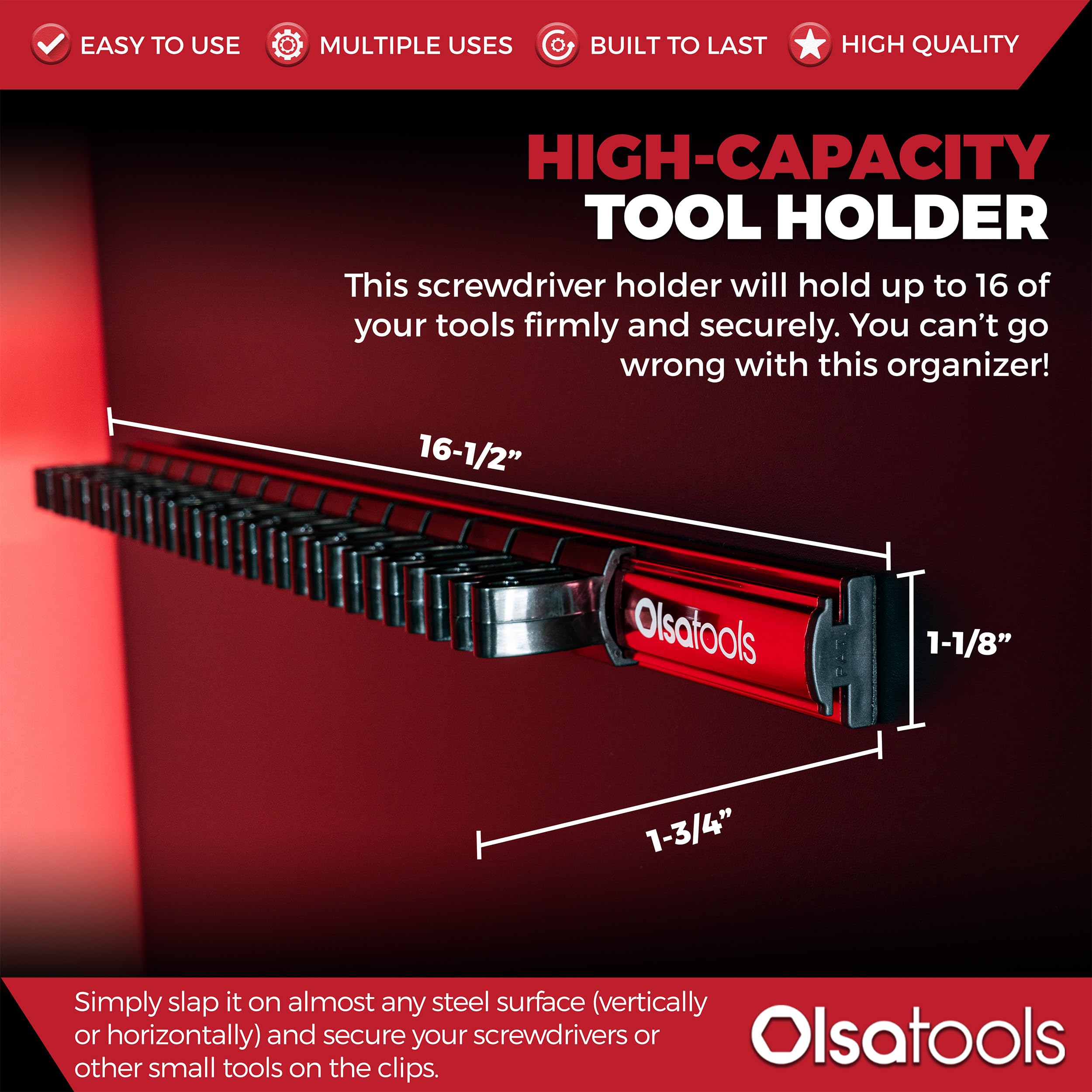 Olsa Tools Organizer magnetico per cacciaviti, di qualità professionale, adatto fino a 16 cacciaviti, rosso