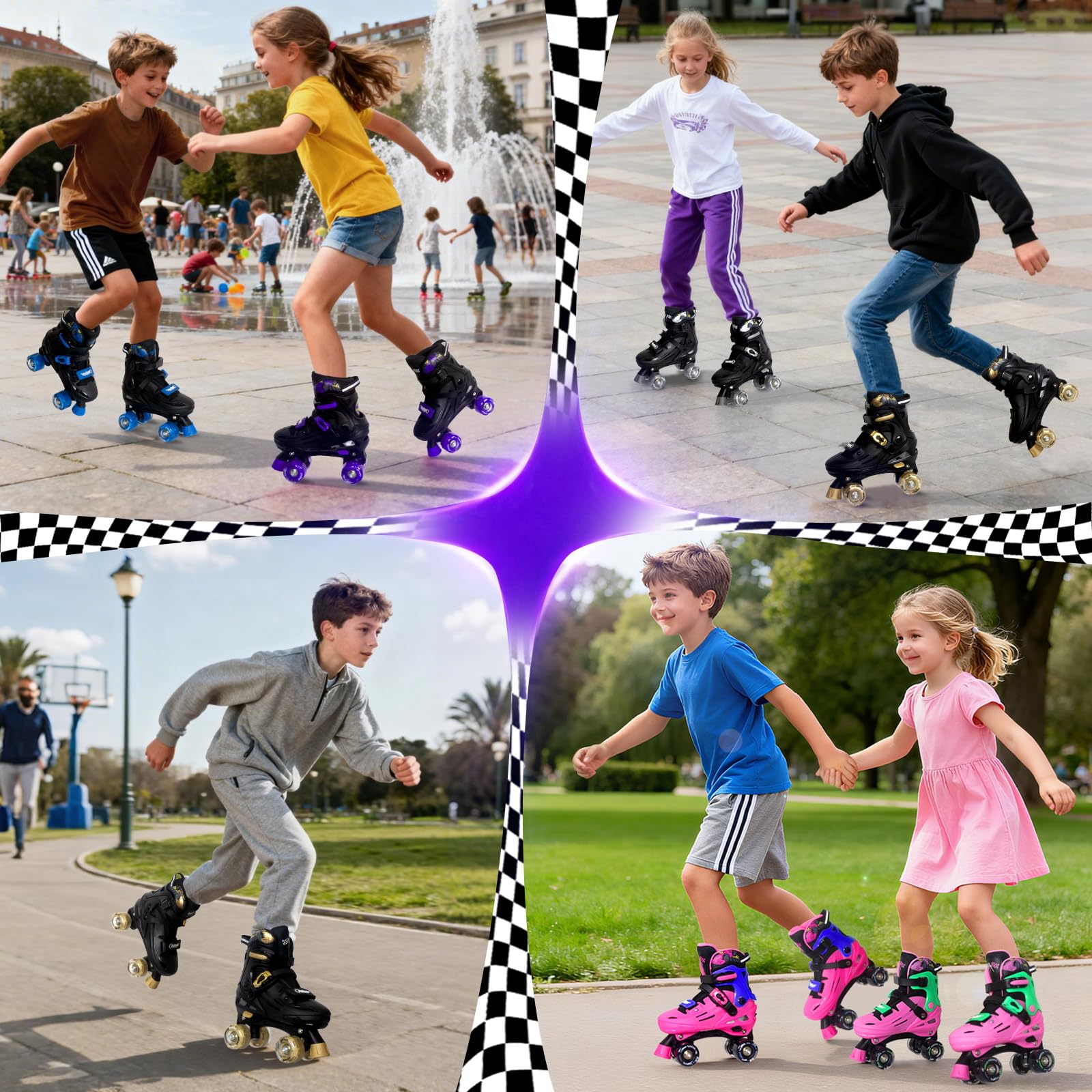 Nattork Rollschuhe Kinder, Verstellbare Rollschuhe für Kinder Jungen Mädchen, 4 Größen Verstellbar und LED Rollschuhe, Rennwagen Roller Skates Geschenkidee für Geburtstage
