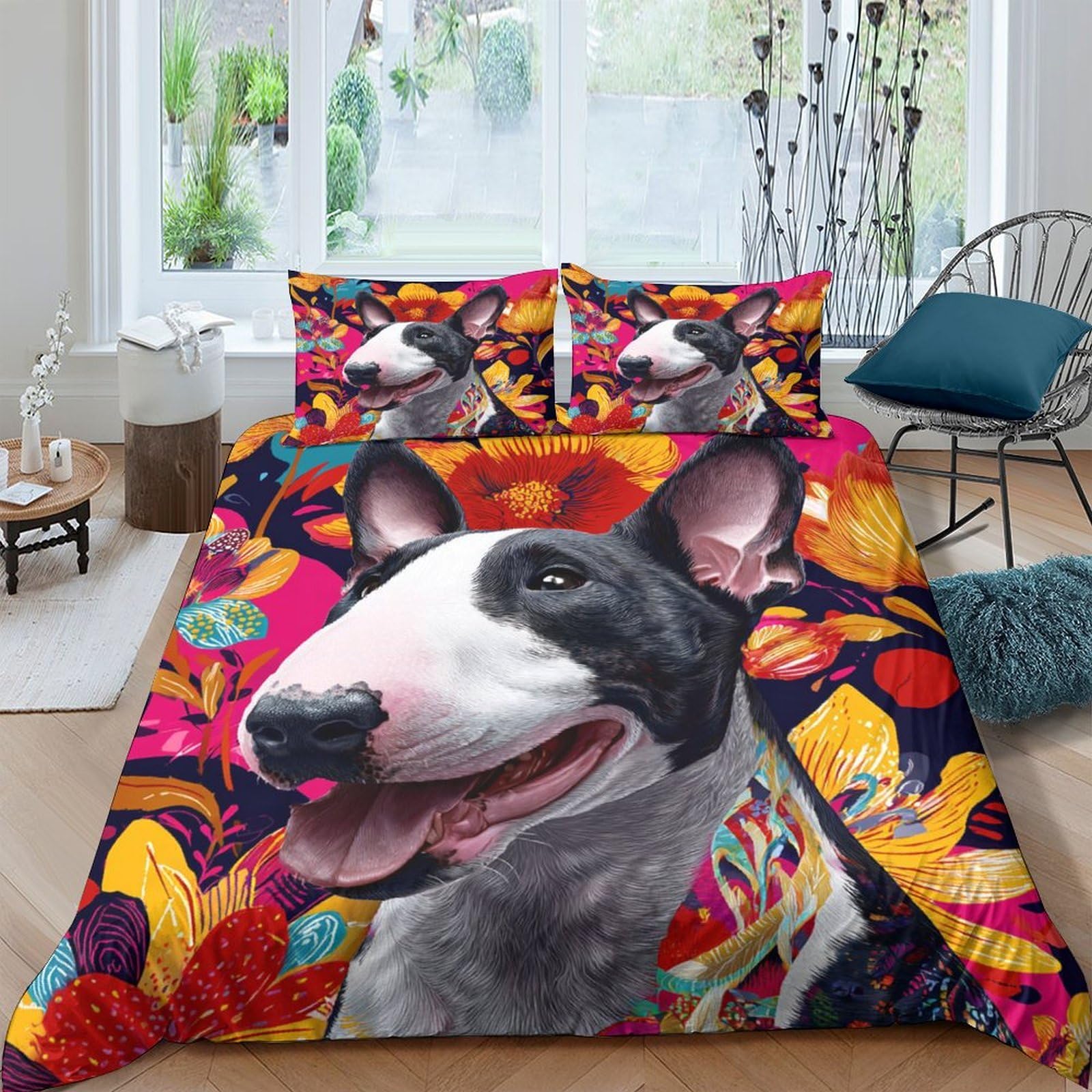P5V6M1Q9 3D Printed Bull Terrier Dog Duvet Cover Microfiber Soft Bright Floral Bedding Set with 2 Pillowcases for Bedroom Home Single（135x200cm）
