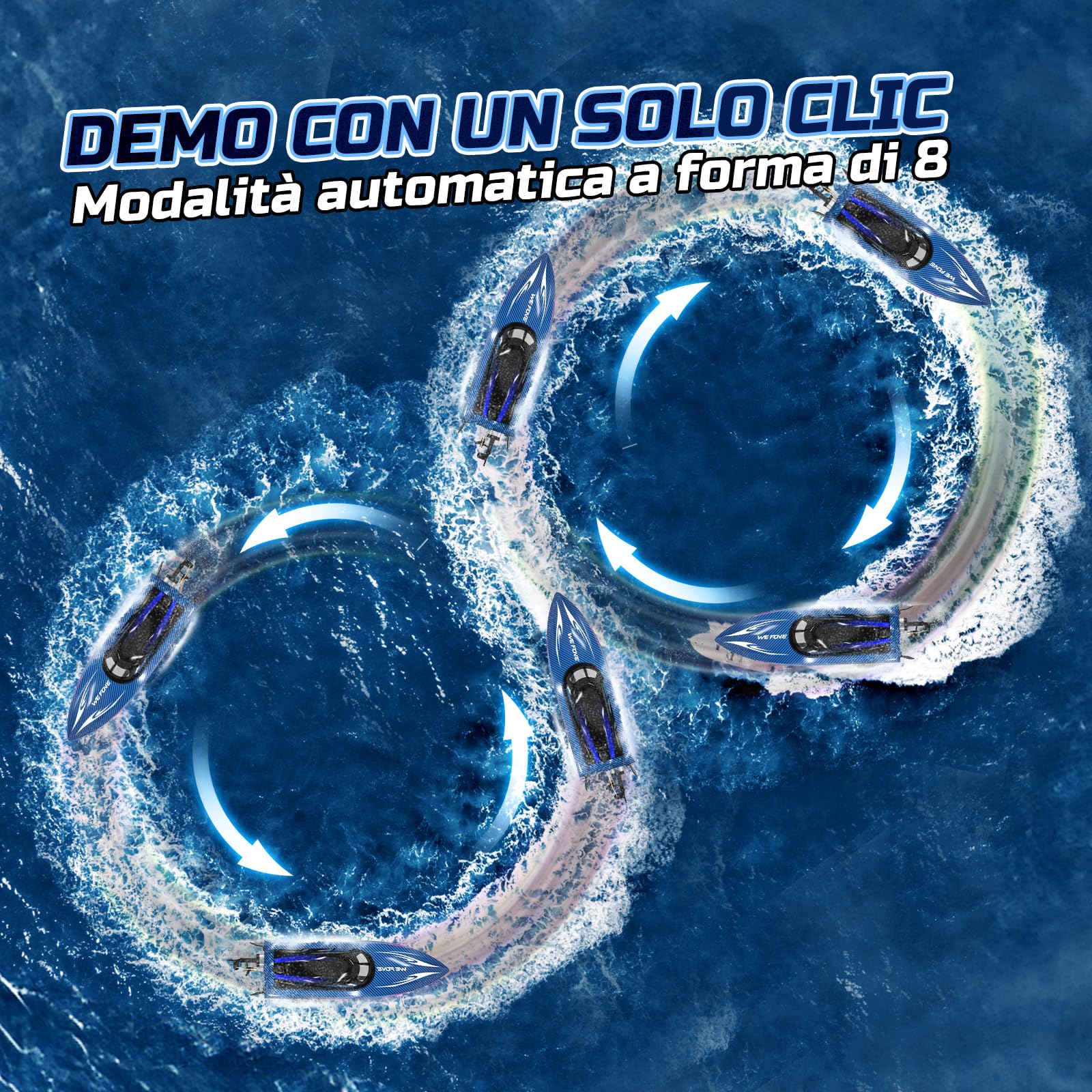 WeFone Barca telecomandata per adulti, 25+ KMH Fast RC Speed Boat con luce LED per bambini, Demo, WF17 Ideale per piscine e laghi giocattolo, 2 batterie ricaricabili per 30-40 minuti (blu)