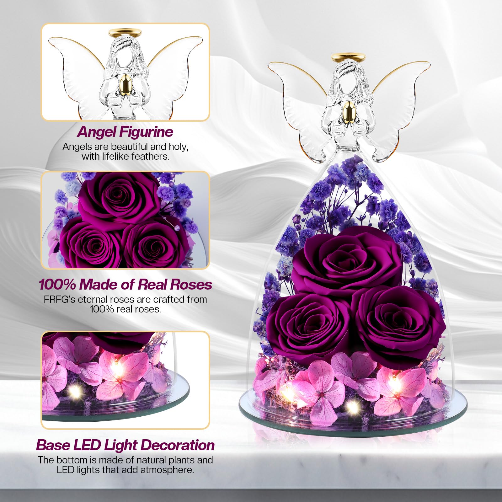 Cadeaux de Roses Eternelles pour Femmes, Cadeau Femme Roses Préservées dans des Figurines d'ange en Verre, Anges de Fleurs pour Maman Grand-mère, Epouse, Sœur, Petite Amie (Violet)