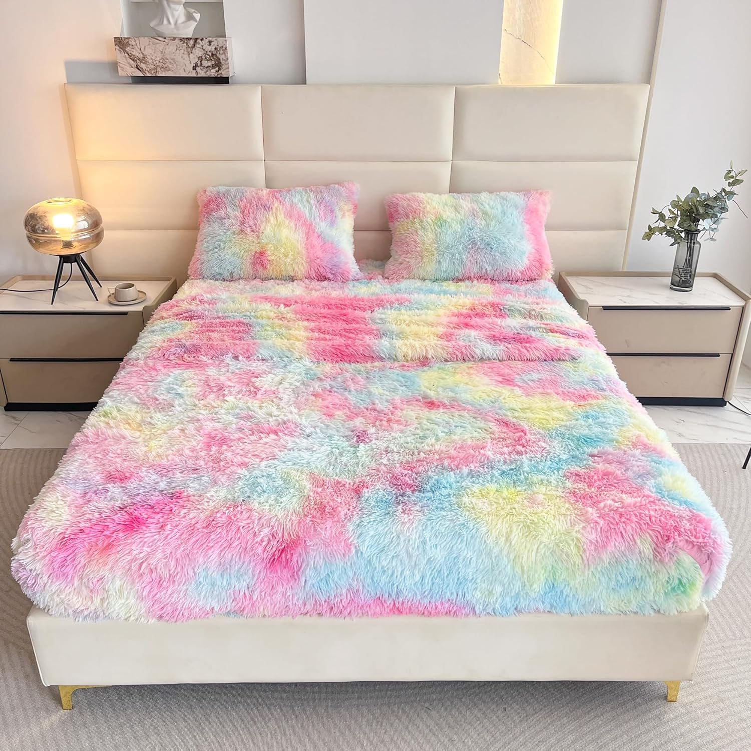 chovy Faux Fur Rainbow Full Sheet Set with Extra Soft Plush Velvet Flannel Fluffy Fuzzy (Pillowcase x 2, Flat Sheet x 1, Fitted Sheet x 1)