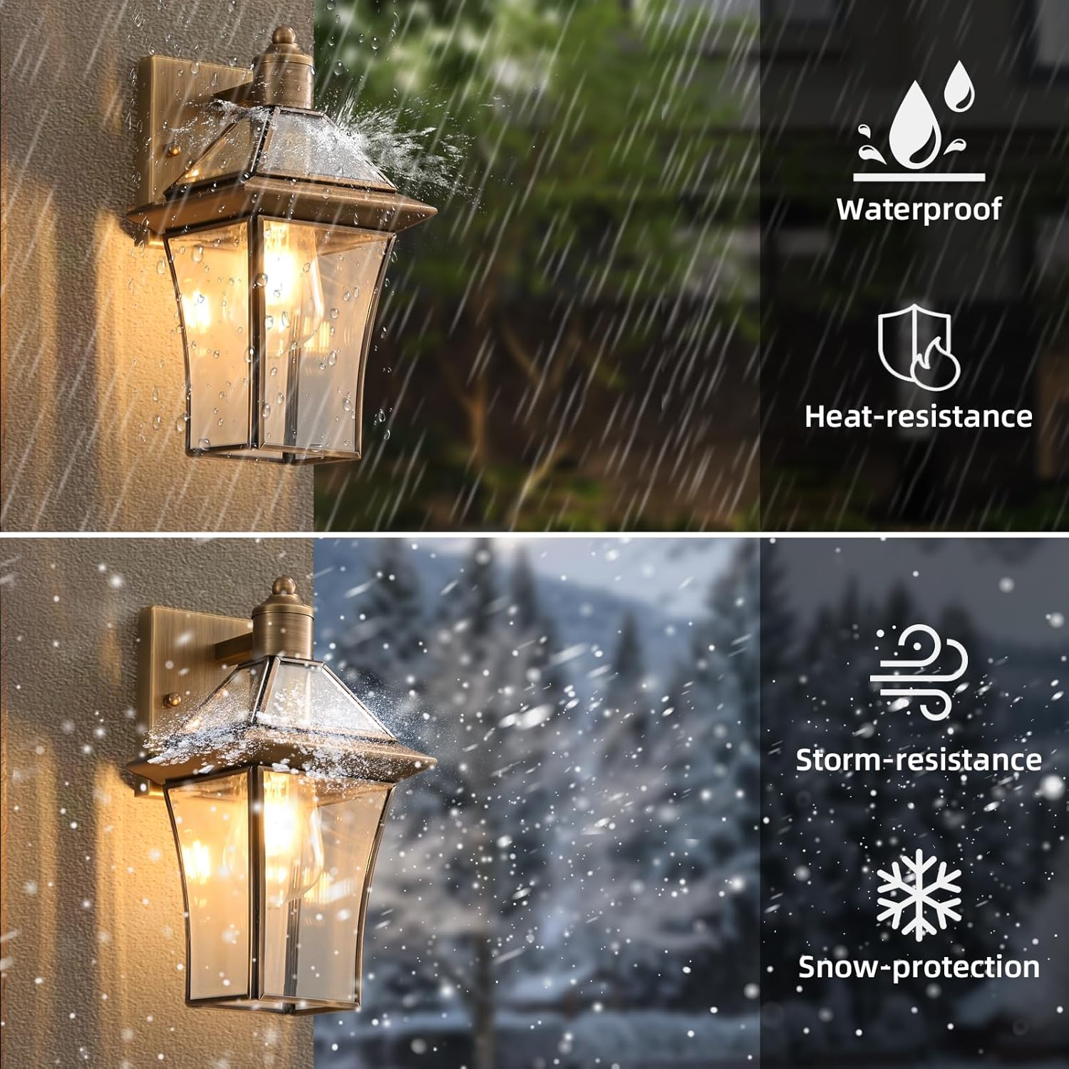 Waterproof Brass Outdoor Wall Lanterns (2-Pack) - E26 Socket & Glass Shade Exterior Wall-Mounted Lights, Rustproof Modern Sconces for Front Door, Porch, Yard & Entryway