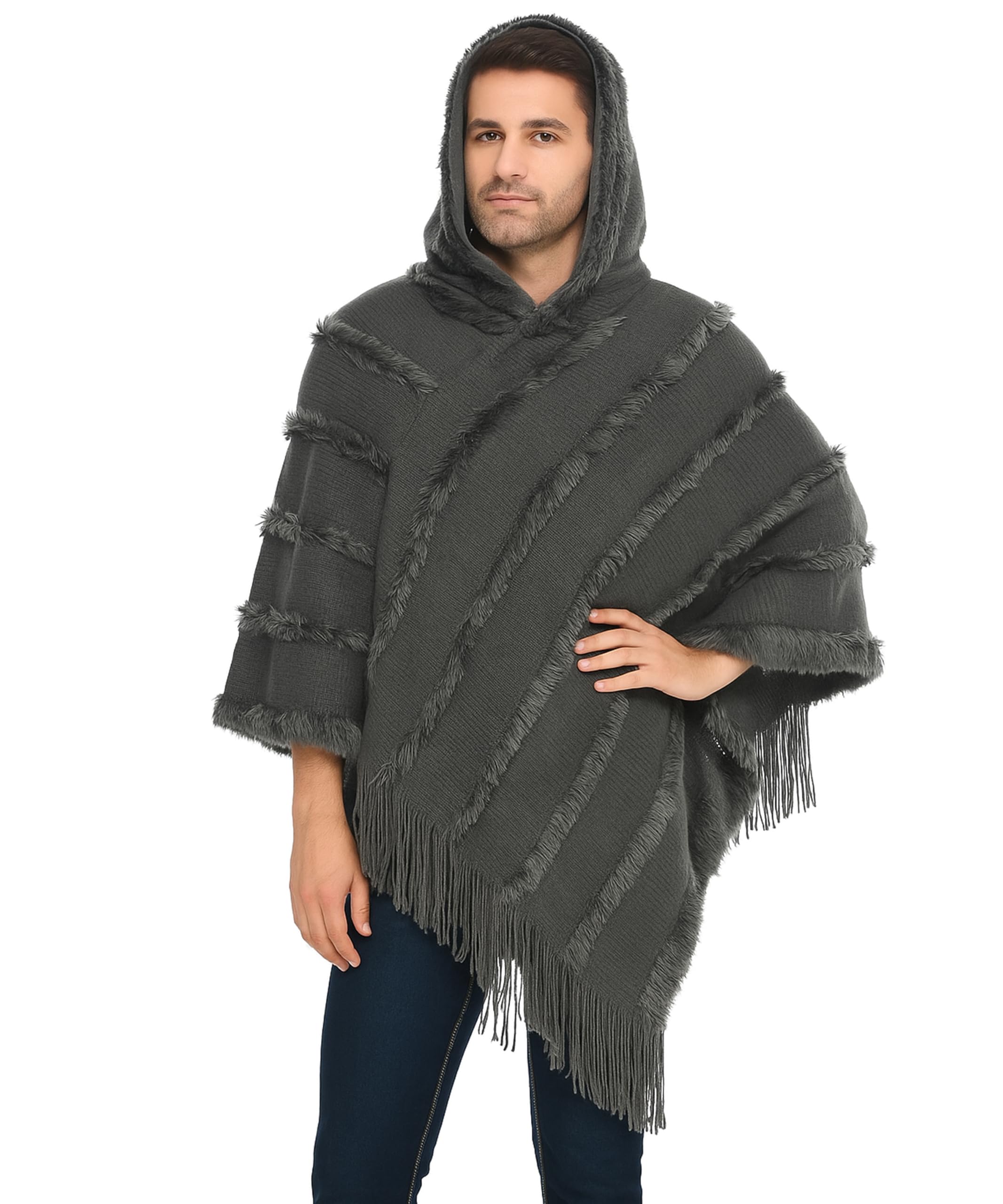 manra Men's Woolen Hooded Neck Solid Frill Poncho with Fur Cap for Winter, Warm and Soft Wool, Stylish and Comfortable, Perfect for Casual Wear-picture-52