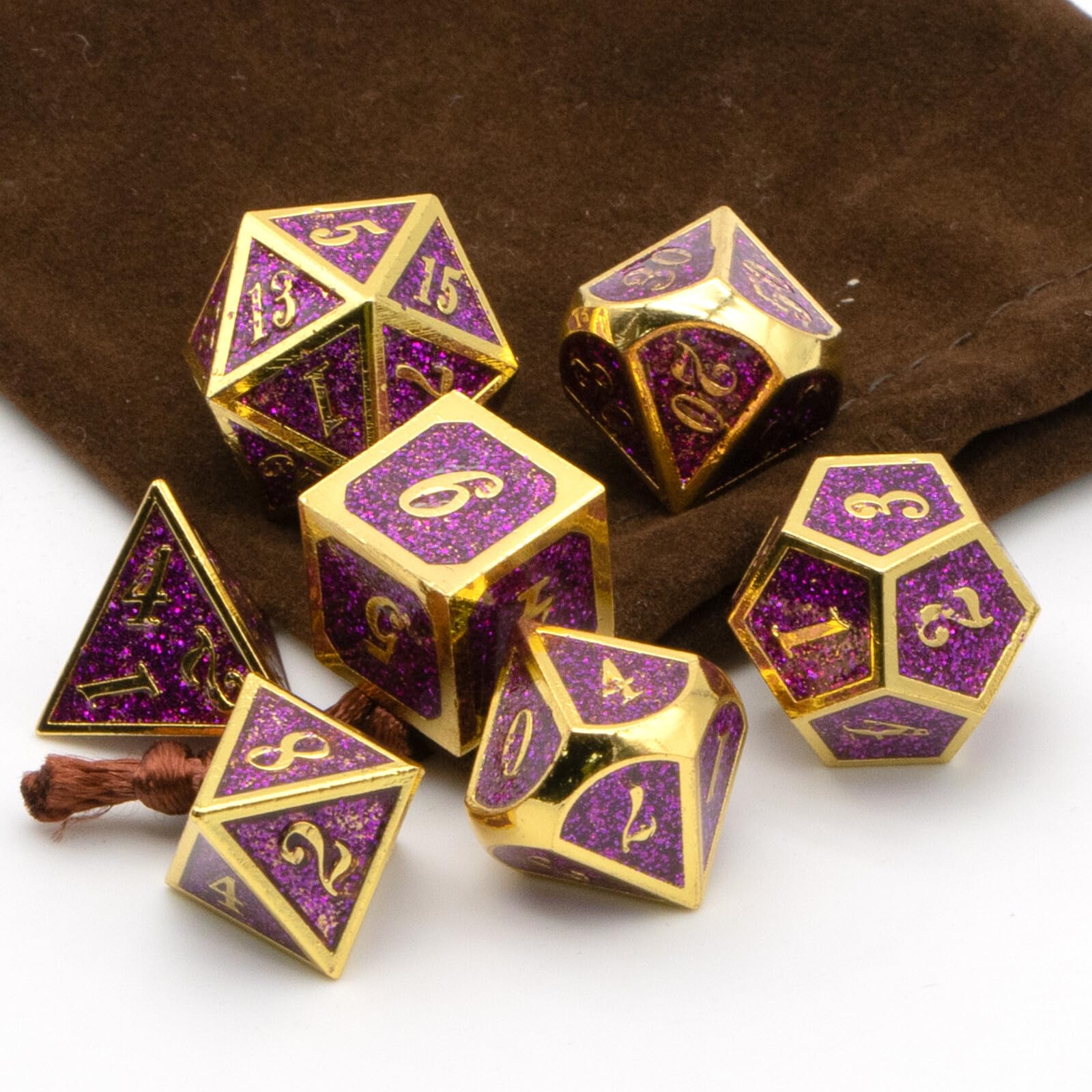 Polyedrische D&D-Würfel aus Metall für Dungeons and Dragons RPG DND-Würfel für Rollenspiele, MTG, Tisch, Gaming, Shadowrun Pathfinder, 7 Stück, D20, D12, D10, D8, D6, D4 (Gold Glitter Purple)