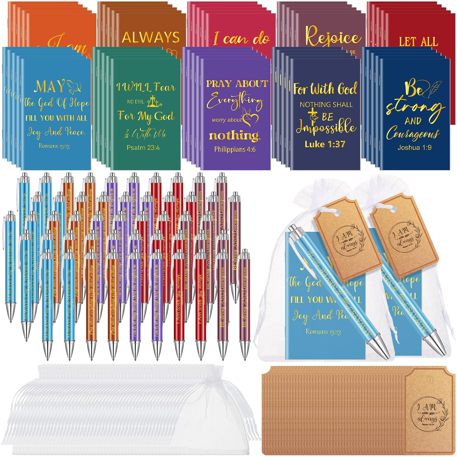 Qeeenar 200 Pcs Christian Gifts Bulk Sets Bible Verse Religious Ballpoint Pen and Notebook Gift Set with Thanks Tags Organza Bag Gift Bulk for Women