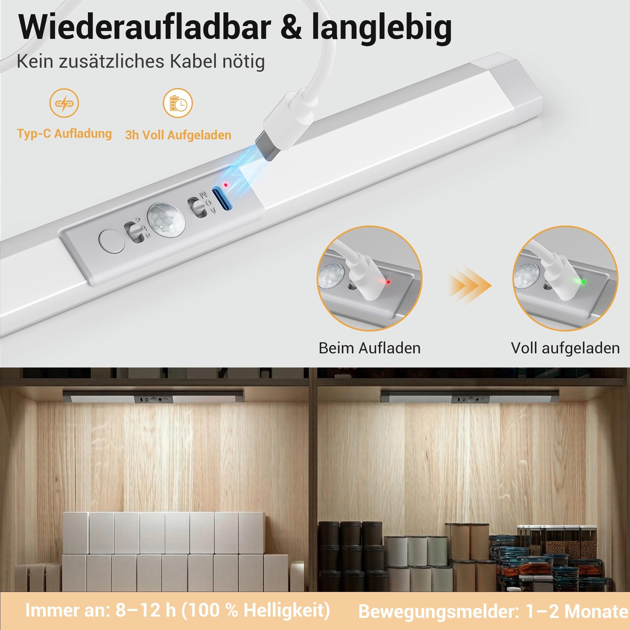 WOBANE Kleiderschrank Beleuchtung mit Bewegungsmelder, Wiederaufladbar, LED | 3 Lichtfarben Dimmbar, Auto Ein/Aus, Kabellos, Trapez Augenschutz, Aluminiumgehäuse, Magnetisch, Schrank/Bett/Wohnwagen, 3er