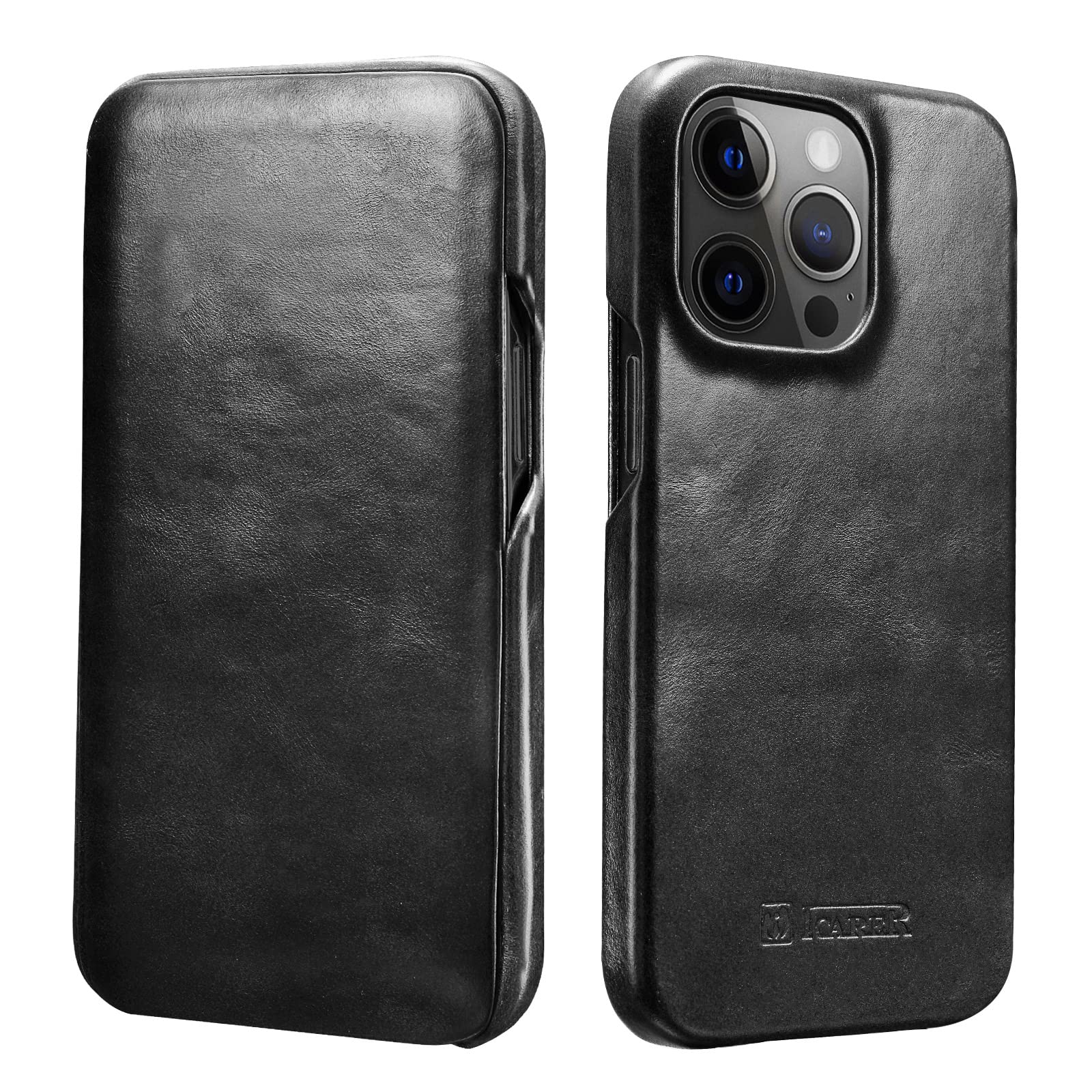 ICARERLeather Case for iPhone 13 Pro, Genuine Vintage Leather Flip Folio Opening Cover in Curved Edge Side Open Book Style Case Cover for Apple iPhone 13 Pro 6.1 inch 2021 (Black)