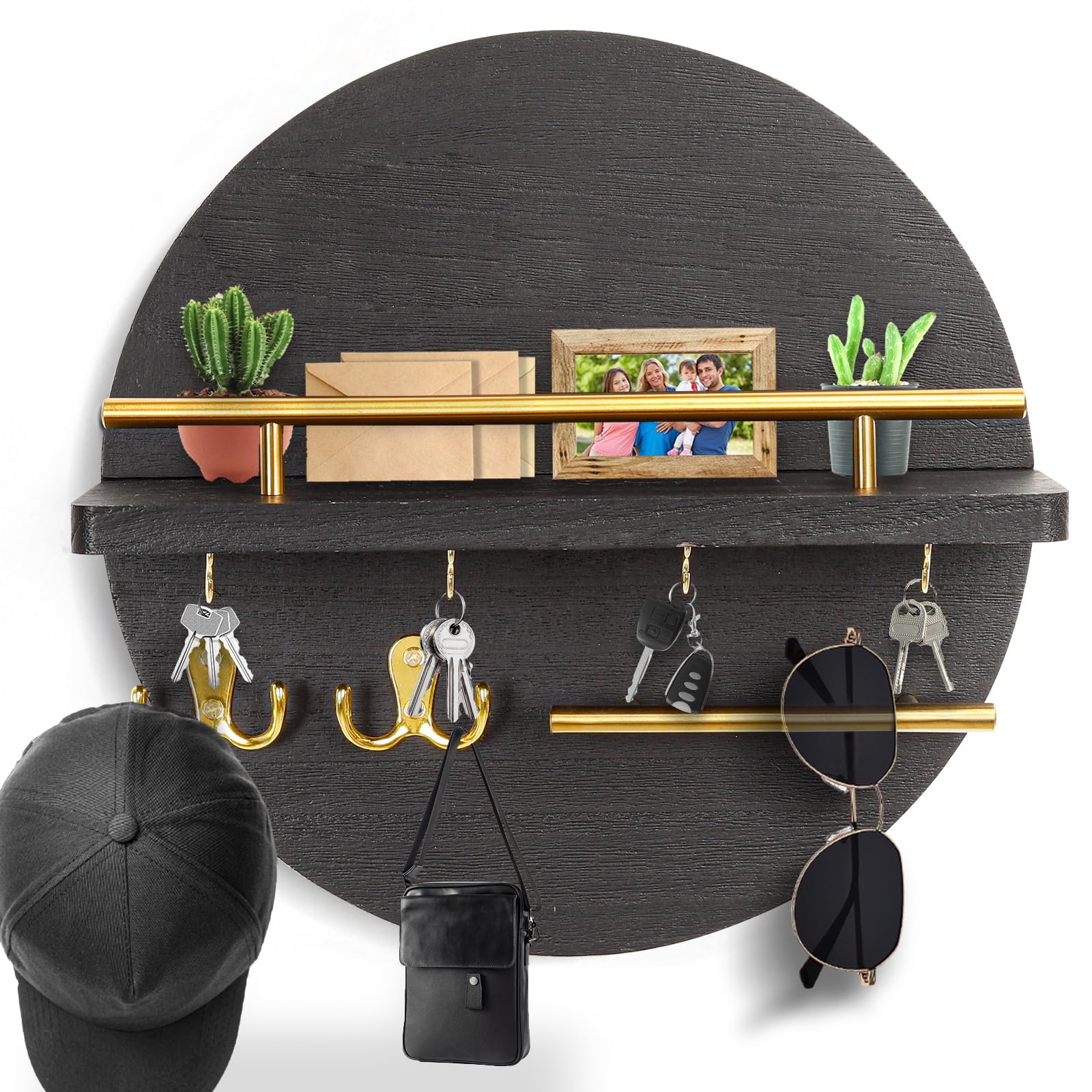 Llavero de pared de madera estilo rústico circular, adecuado como decoración para la entrada principal, el dormitorio, el pasillo, la oficina y la cocina porta llaves de pared para casa (negro)