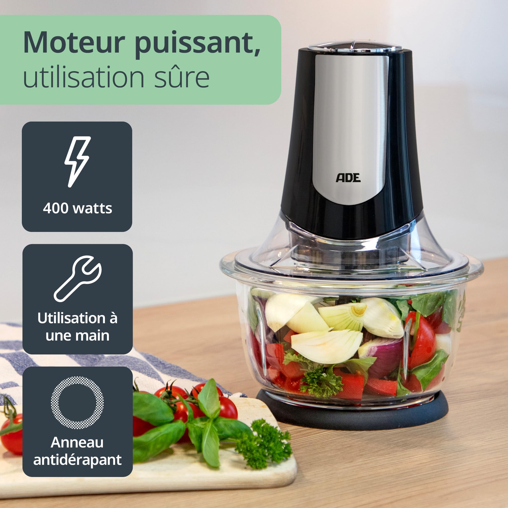 ADE Hachoir électrique puissant | moteur puissant de 500 W | grand bol en verre de 1,2 l | 4 lames en acier inoxydable | 2 vitesses | oignons, légumes, viande | hachoir universel et multi-usages