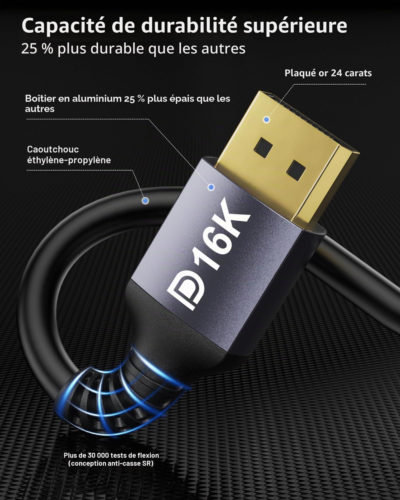 Câble Stouchi DisplayPort 2.1 10M DP2.1/2.0 [16K à 60 Hz, 10K à 60 Hz, 8K à 120 Hz, 4K à 240 Hz 165 Hz 144 Hz] Prend en charge 80 Gbit/s HDR DSC1.2a FreeSync G-Sync Display Port 2.1 pour moniteur de