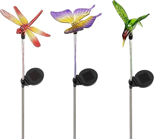 Miniatura 10 de Alpine Corporation Juego de 3 estacas de jardín con luz solar de fibra óptica LED de mariposa, colibrí y libélula de 33 pulgadas de alto