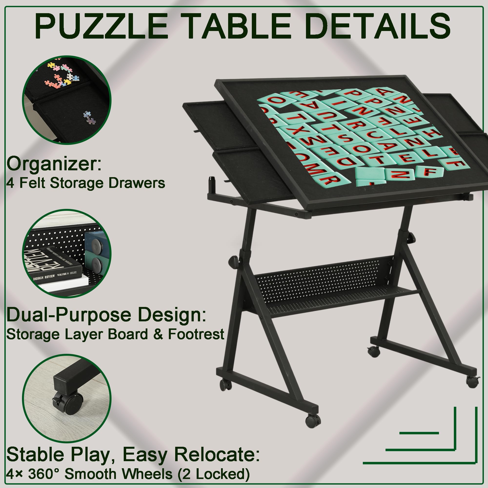 Plturdke Innovative Jigsaw Puzzle Table, 1500-Piece Board with Adjustable Legs & Storage, Non-Slip Surface for Enhanced Stability