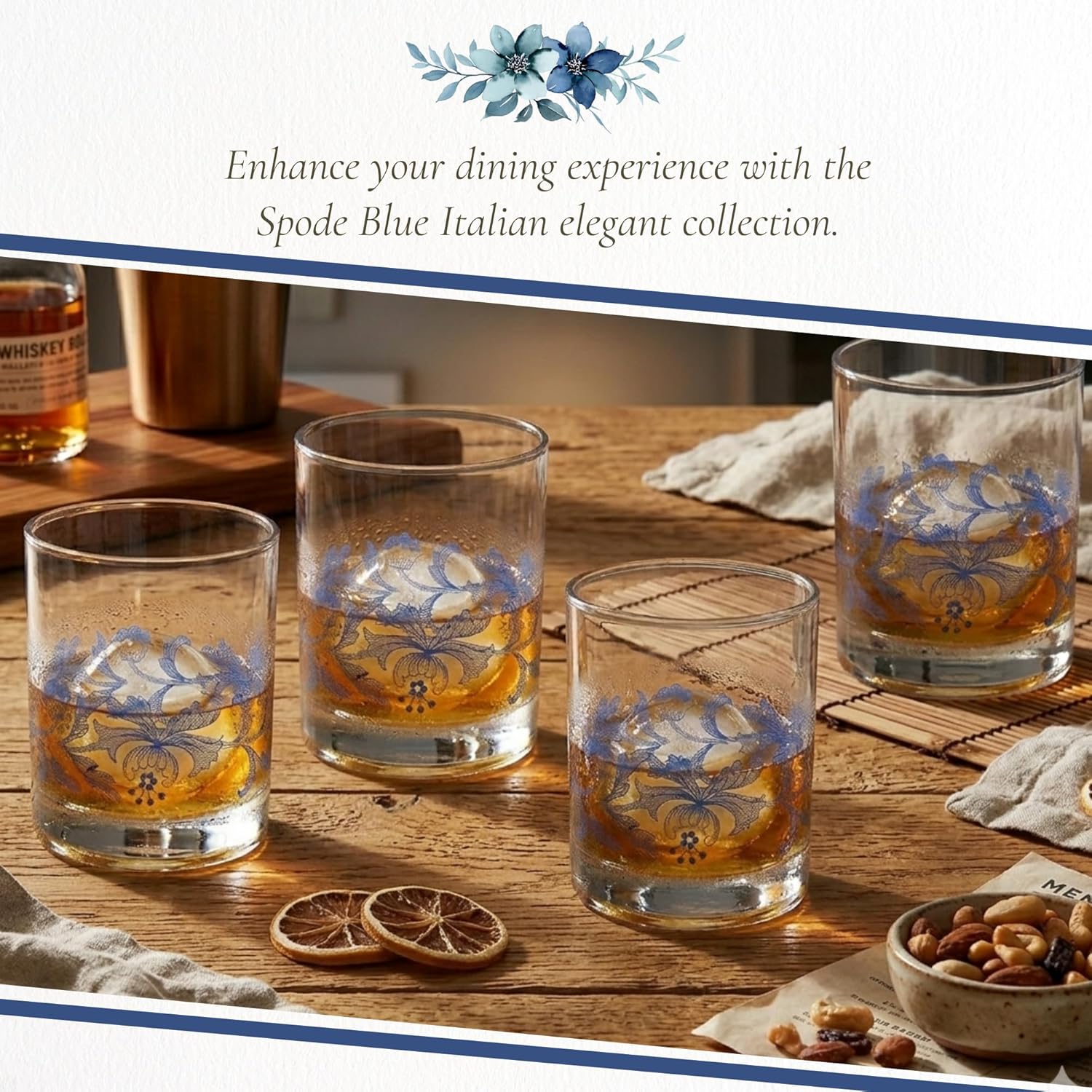 Spode Blue Italian Double Old Fashioned Glasses | Set of 4 | 14-Ounce Capacity | Whiskey Tumblers for Cocktails, Bourbon, Water, and Juice | Handwash Only