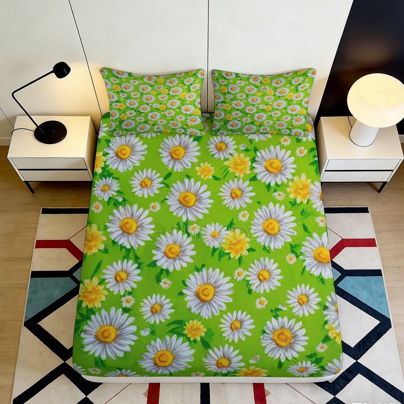 Jqzkxnhpbr Style-5 3D Printed Daisy Blossom Fitted Sheet Microfiber Soft Anti-Slip Yellow Floral Mattress Cover For Bedroom Decor 90X200x25cm