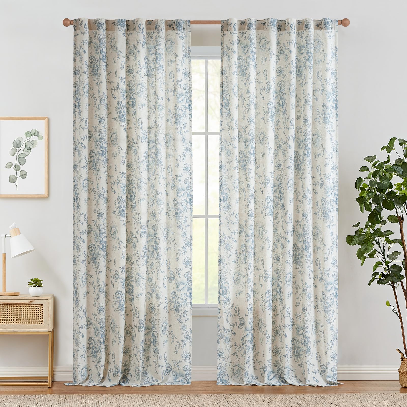 TOPICK Tende in lino con nastro arricciato, traslucide, per soggiorno, camera da letto, finestra, set da 2 pezzi, 140 x 245 cm (larghezza x altezza), blu su beige