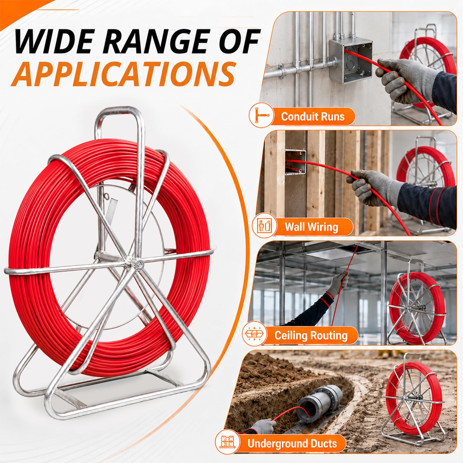 Rodder de conducto de 6 mm y 500 pies, cinta de fibra de vidrio, varilla de alambre resistente con soporte de acero duradero, extractor de cable de cinta de pescado para conductos e