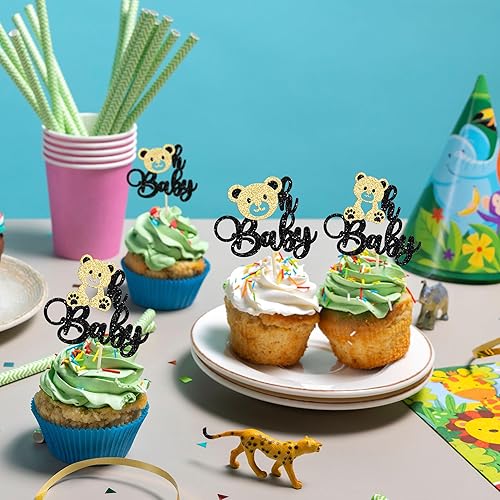 Miniatura 5 de Gyufise 24 piezas de decoración para cupcakes Bear Oh Baby con purpurina dorada de oso Oh Baby para cupcakes Bear Oh Baby, decoración de cupcakes