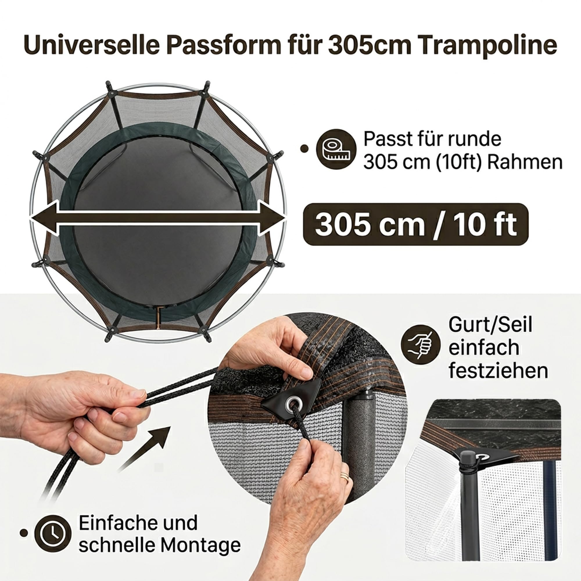 Trampolin Sonnenschutz 305 cm (10 ft) für 8 Stangen | 85g/m², Atmungsaktives Sonnensegel, Verstärkte Gurtbänder, Anti-Durchhang Dach, Outdoor Garten