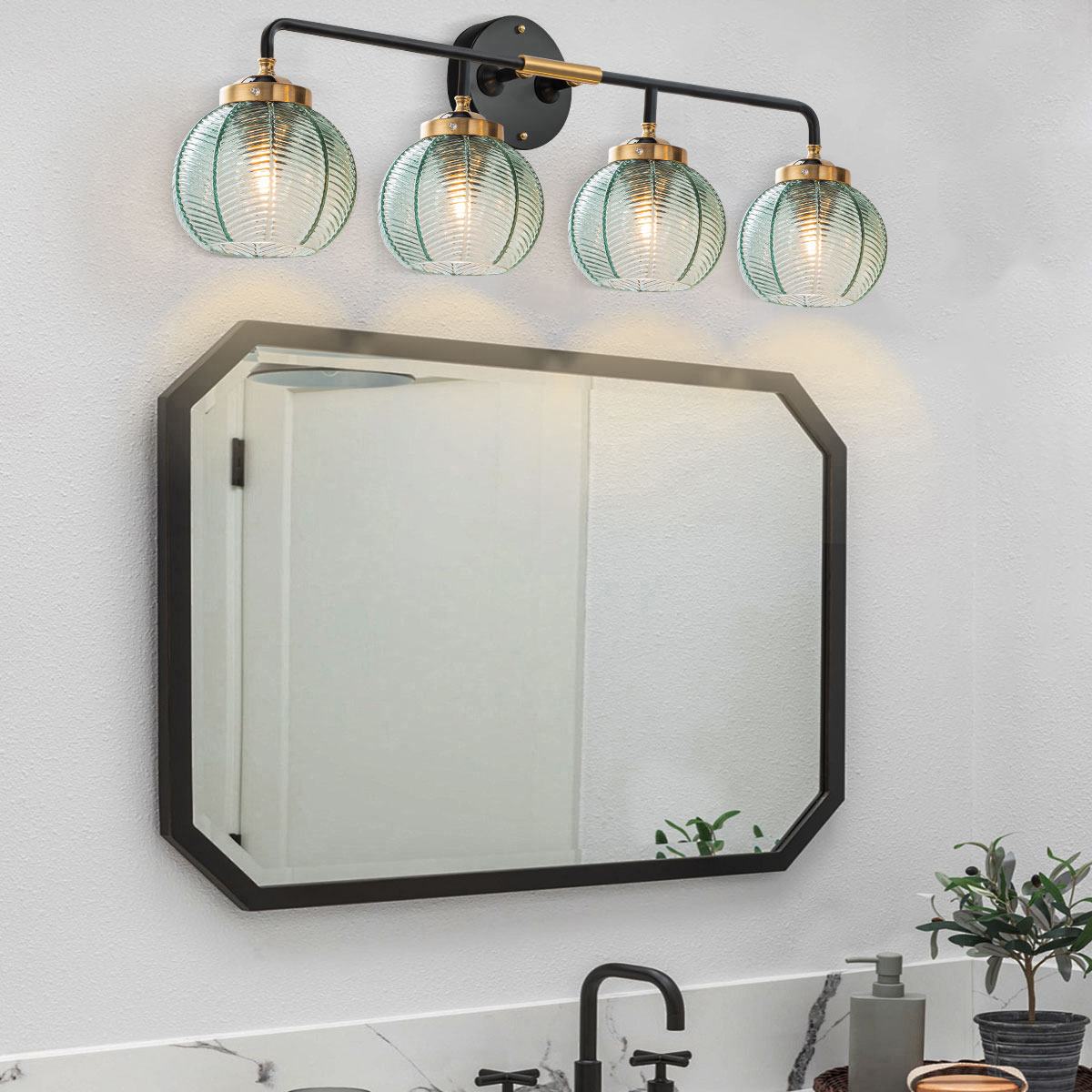 Image of 2-Pack Thick Glass 4-Light Bathroom Vanity Light Fixture Green Glass | 15cm Globe Shade Mid Century Modern Light fixture Black Gold Metal Finish Large Sconce Over Mirror Bath Living Room Cabinet
