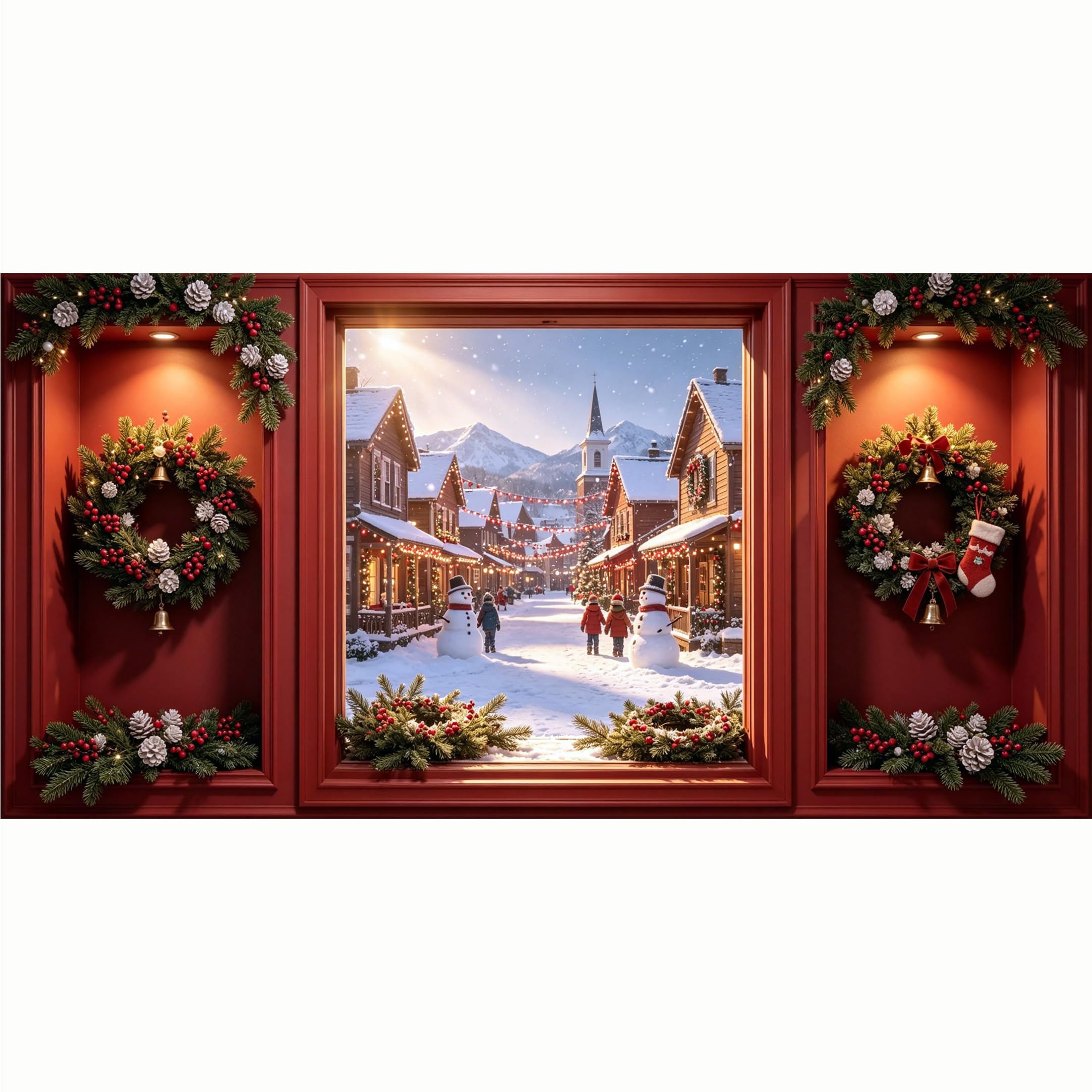 QZLITHOTIC 50x100cm 3D Framed Wall Art， Snowy Winter Village Christmas Landscape Self‑Adhesive Mural， Water‑Activated Peel & Stick Fabric Decor Wall Decal for Bedroom Living Room