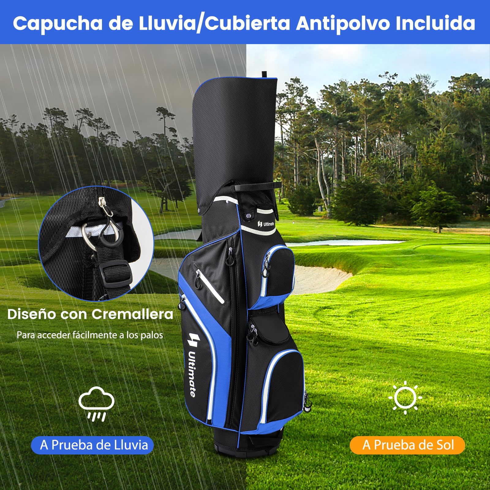 COSTWAY Bolsa de Golf, Bolsa de Palos de Golf con Separadores Superiores de 14 Vías, 9 Bolsillos, Enfriadora, para Zapatos, Soporte para Paraguas y Cubierta para Lluvia
