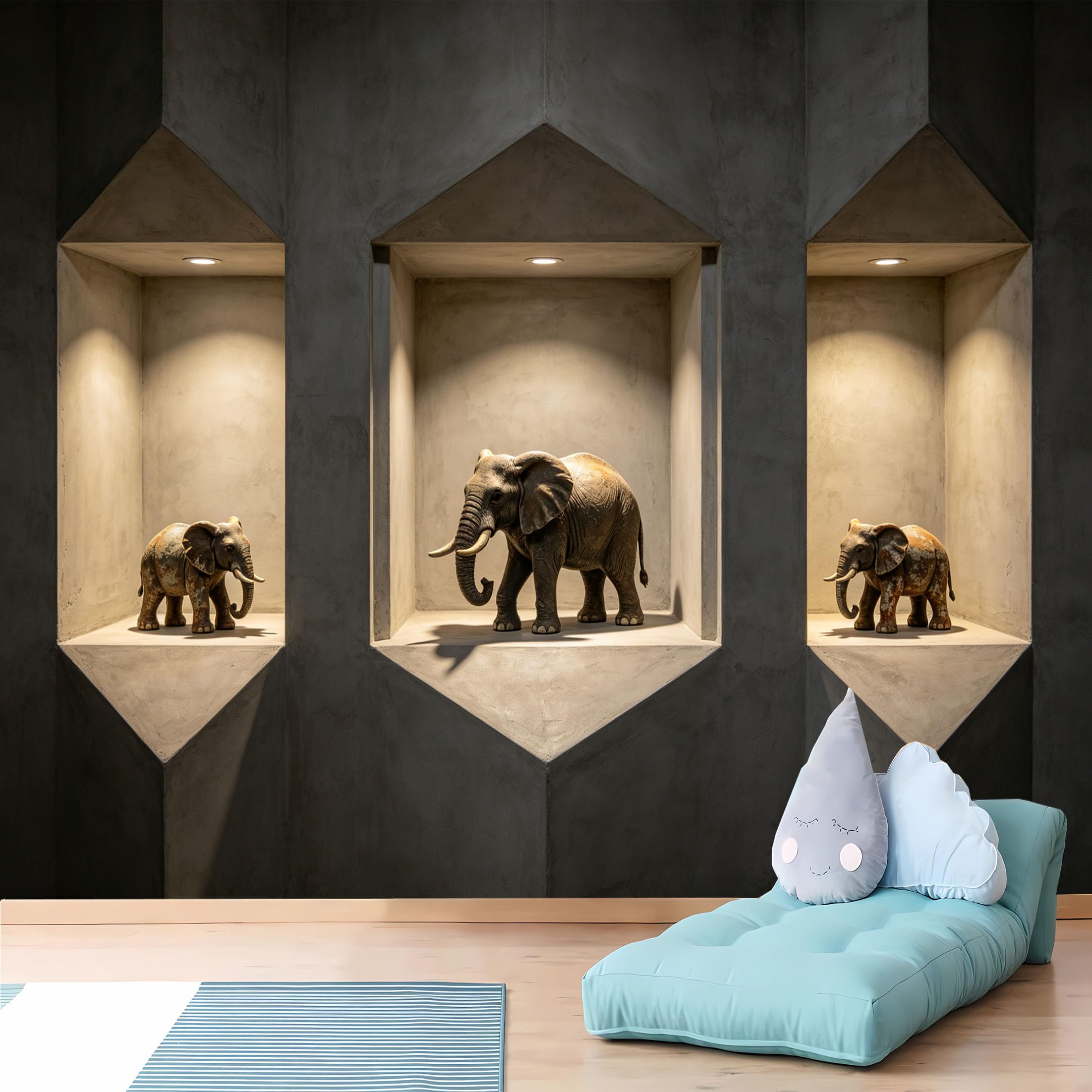 Custom Size Wall Murals, Elephant Family in Concrete Geometric Niche, HD, Self-Adhesive Wall Fabric (NO PVC) Removable Wallpaper for Living Room Home Decor