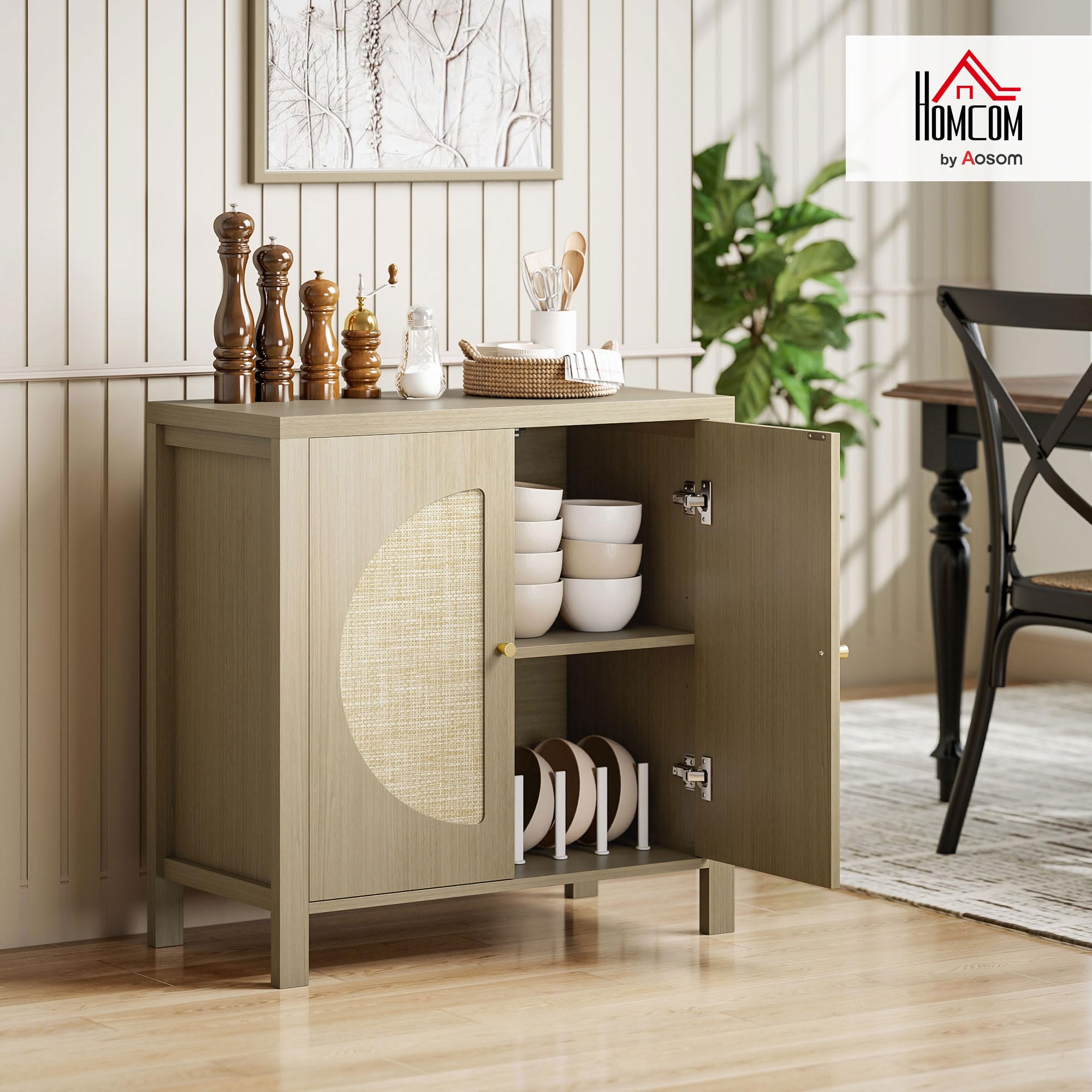 HOMCOM Aparador de Cocina con 2 Puertas Buffet 75x38x77 cm Madera Natural | Ratán Sintético, Mueble Auxiliar de Cocina, Estante Ajustable, 2 Tiradores, para Comedor, Salón, Muebles