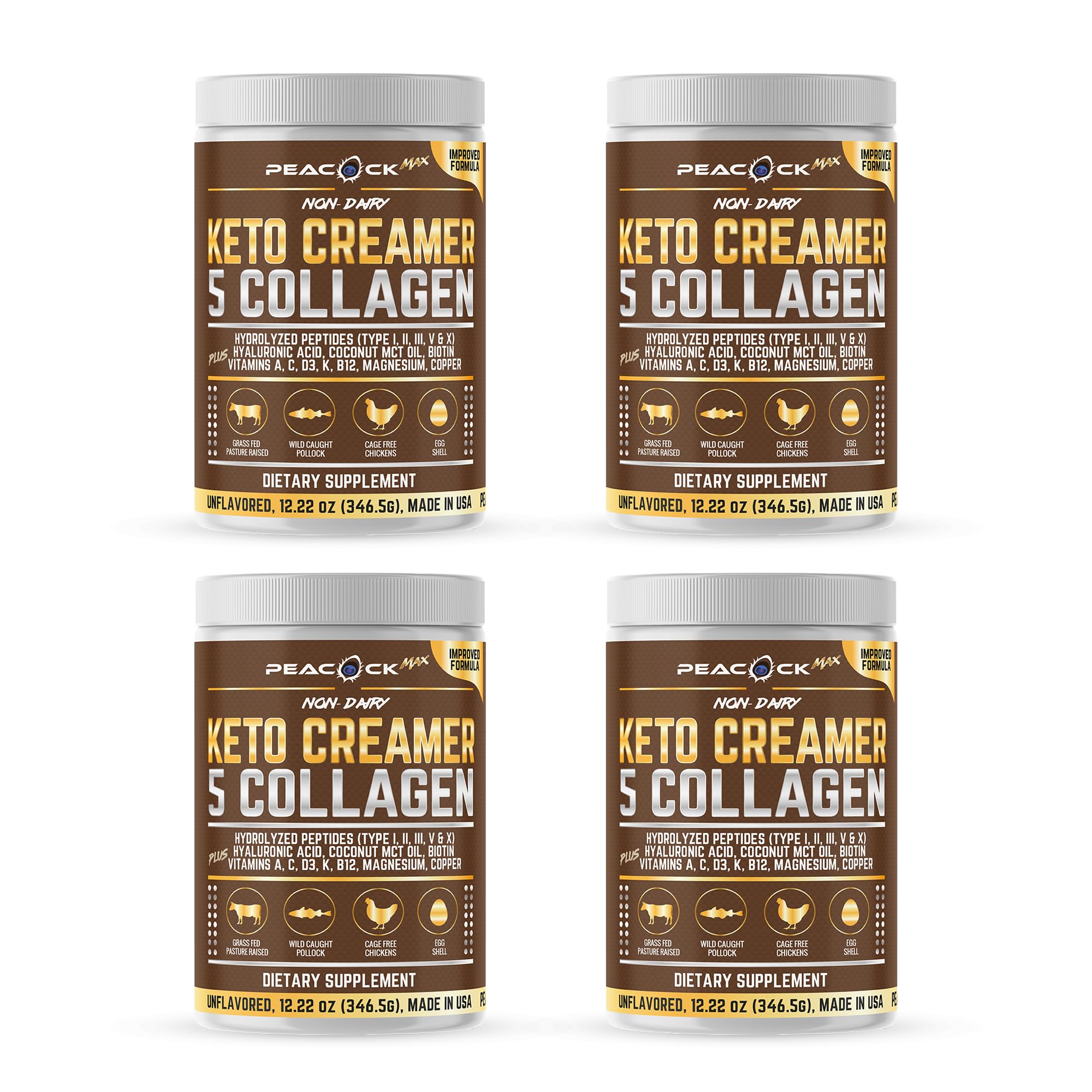 Collagen Keto Creamer Powder, Coconut MCT, Peptides, Unflavored, Hydrolyzed, B12, Magnesium (48.88 oz (Pack of 4))