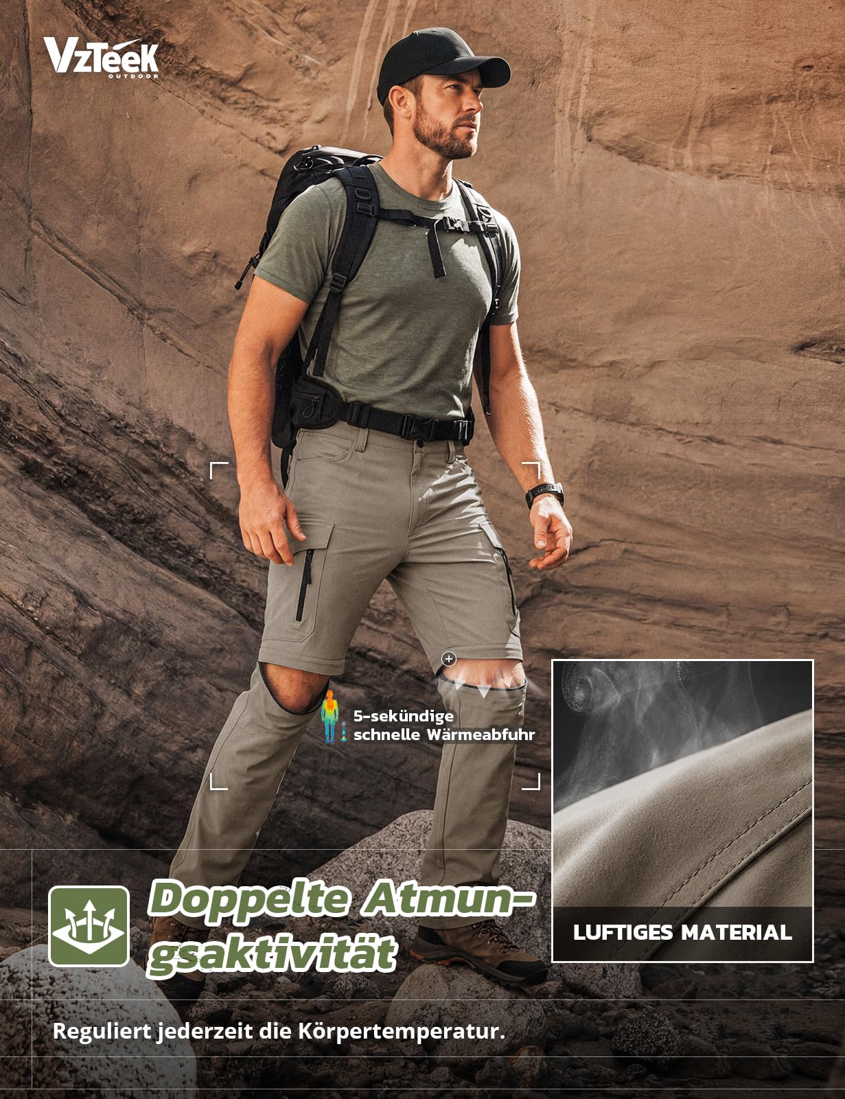 Pantaloni convertibili da uomo, ad asciugatura rapida, elasticizzati, con cerniera, ideali per escursioni, viaggi, campeggio