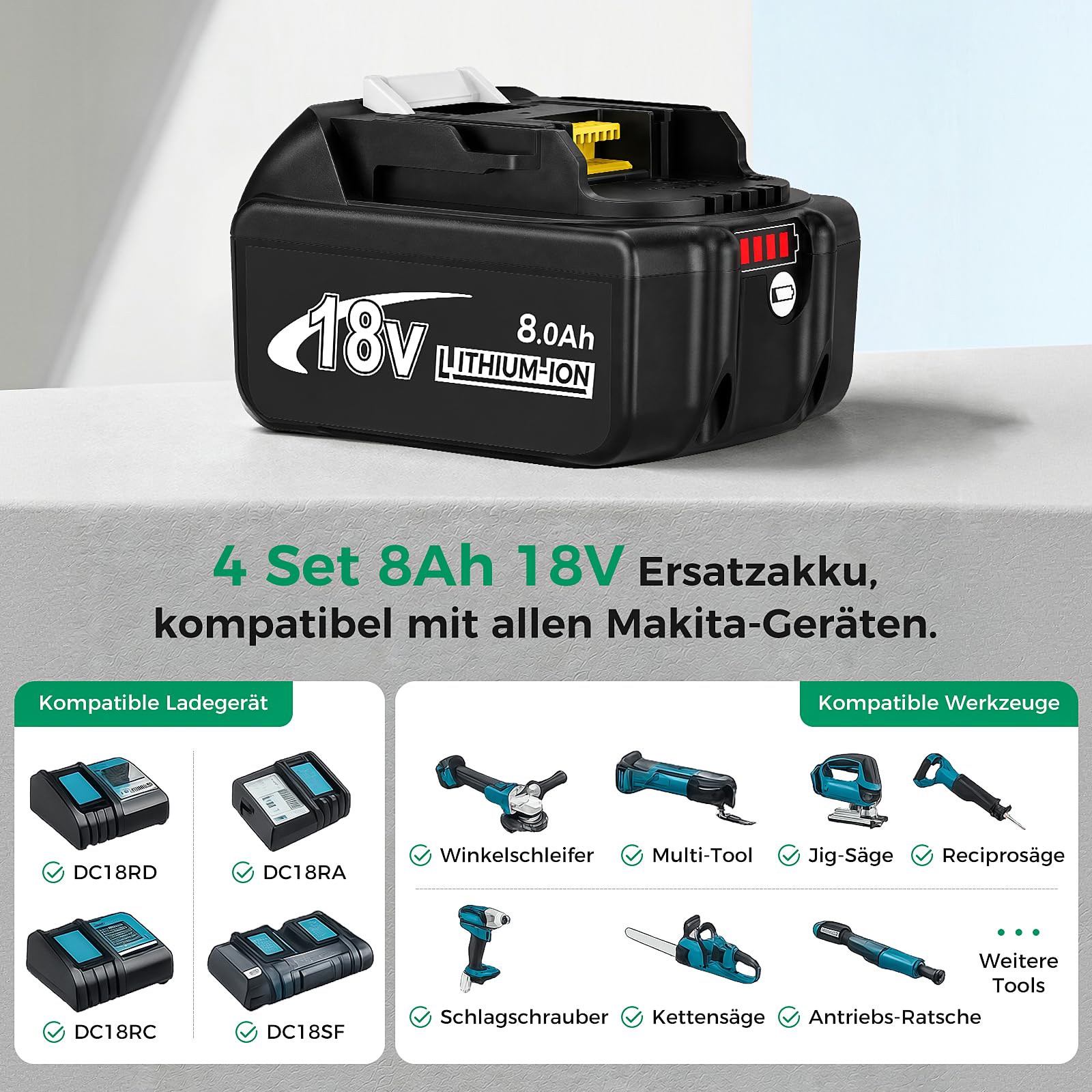 4 Stück Ersatzakku für makita akku 18v 8Ah