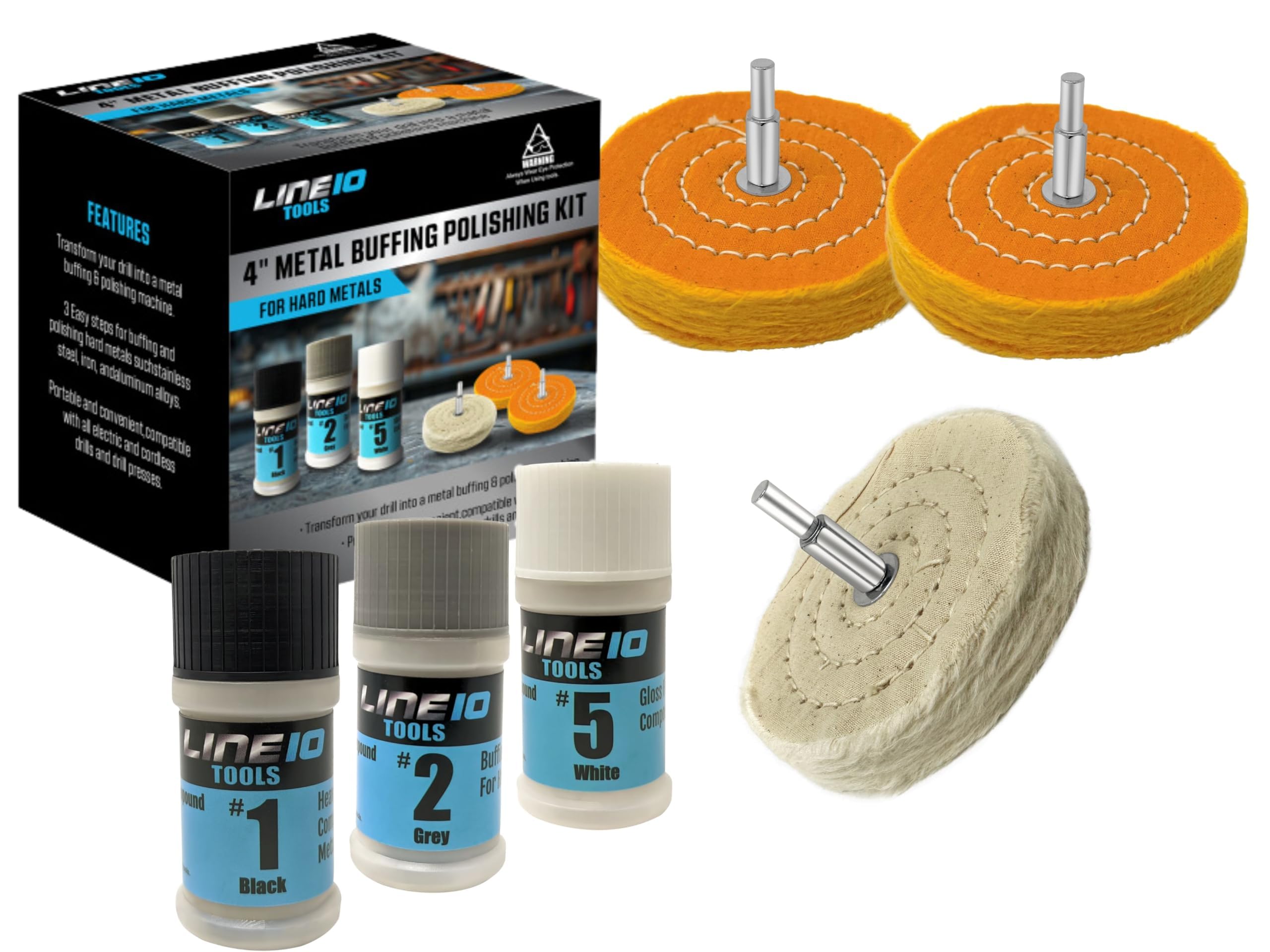 LINE10 Tools Metal Buffing Polishing Kit for Drill 4" Buffing Wheels, 3-Step Polishing Compound for Aluminum, Chrome, Stainless Steel Perfect for Auto Wheel, Rim, Trim, Jewelry, Golf Club Restoration