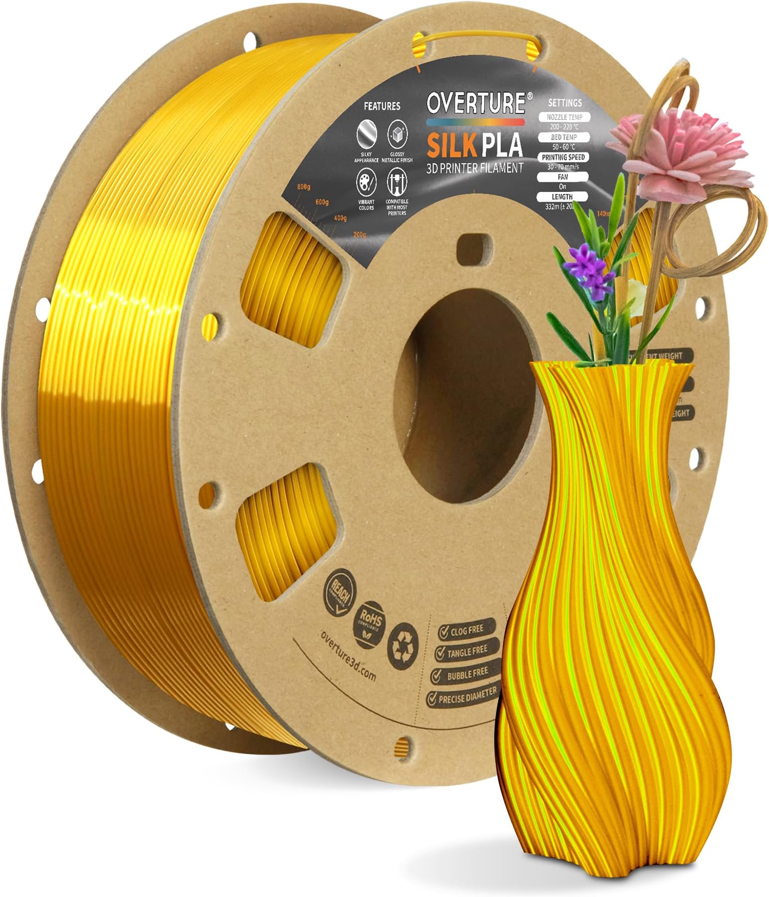 OVERTURE Silk Filament PLA 1.75mm Clog-Free Shiny 3D Printer Consumables, 1kg Spool (2.2lbs), Dimensional Accuracy +/- 0.03 mm, Fit Most FDM Printer(Silk Gold)