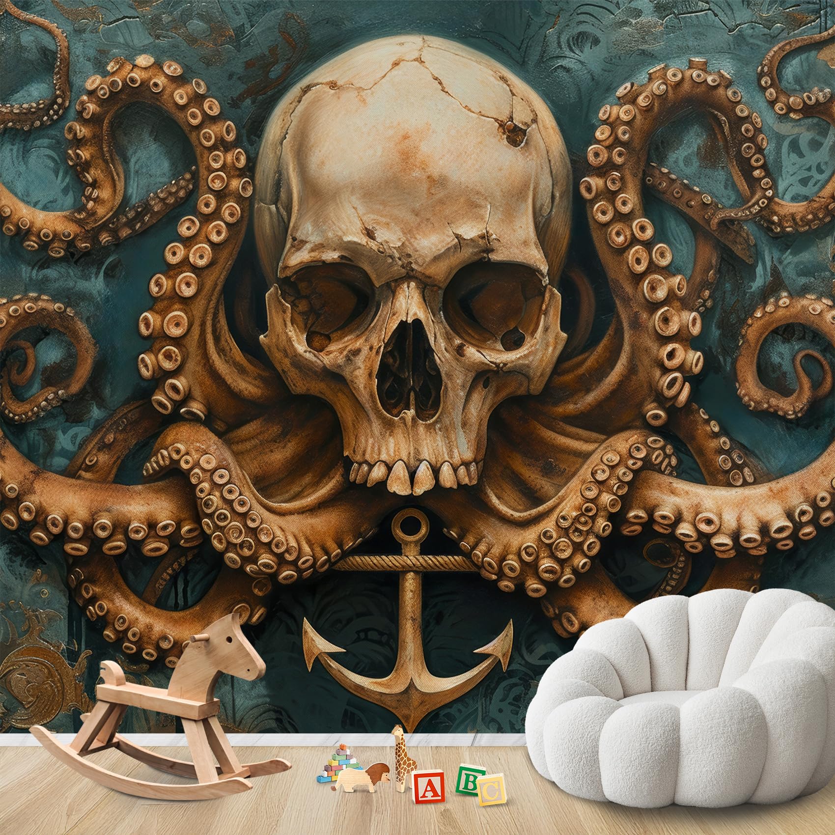 Fototapete Totenkopf Schlafzimmer, 3D Tapete Gothic Oktopus, Vliestapete Grün Braun, Tapeten Wohnzimmer Muster, Nautisch Anker Wand Deko Kinderzimmer, Wandtapete, Mustertapete Vlies 416x254 cm